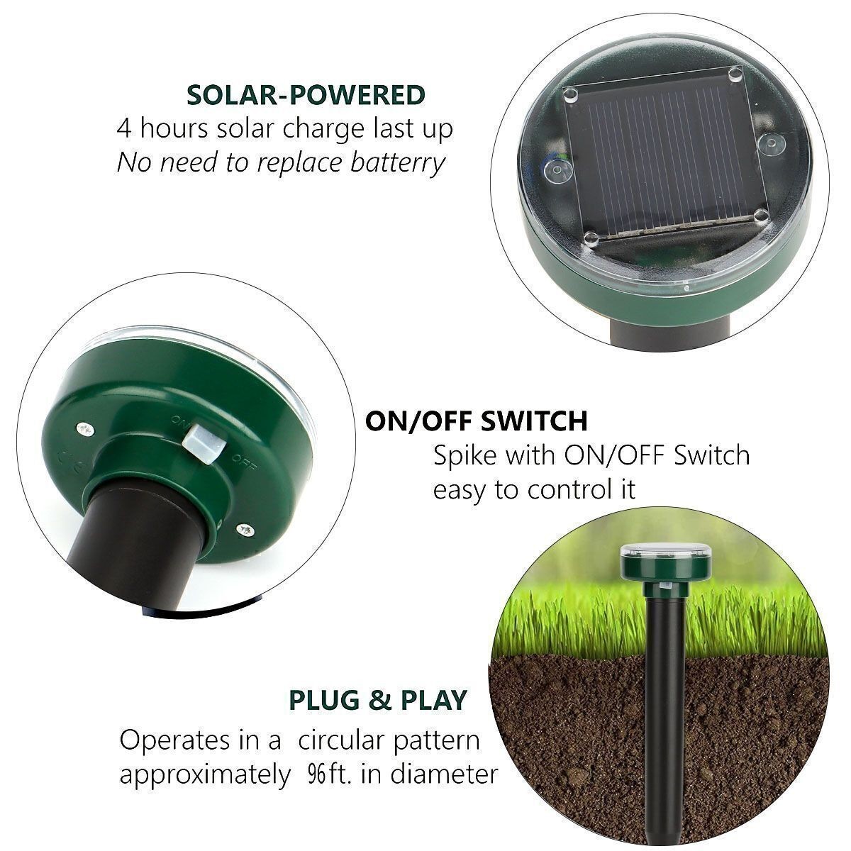 2/4Pcs Solar Power Ultrasonic Mice Gopher Mole Pest Snake Repellent Repeller USA