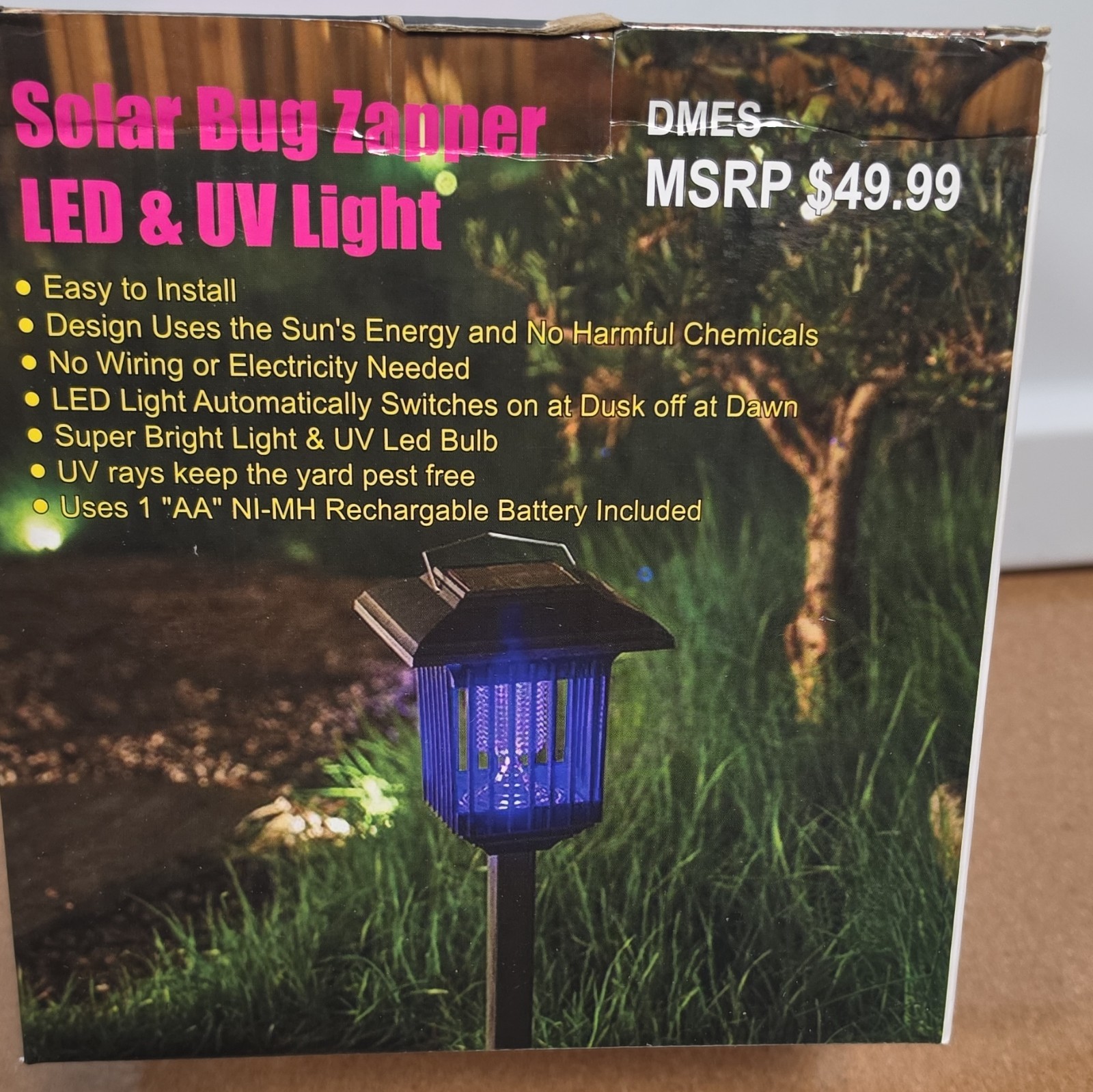 Solar Powered LED & UV Mosquito Bug Zapper Lamp, Dusk-to-Dawn, Black 18.3in