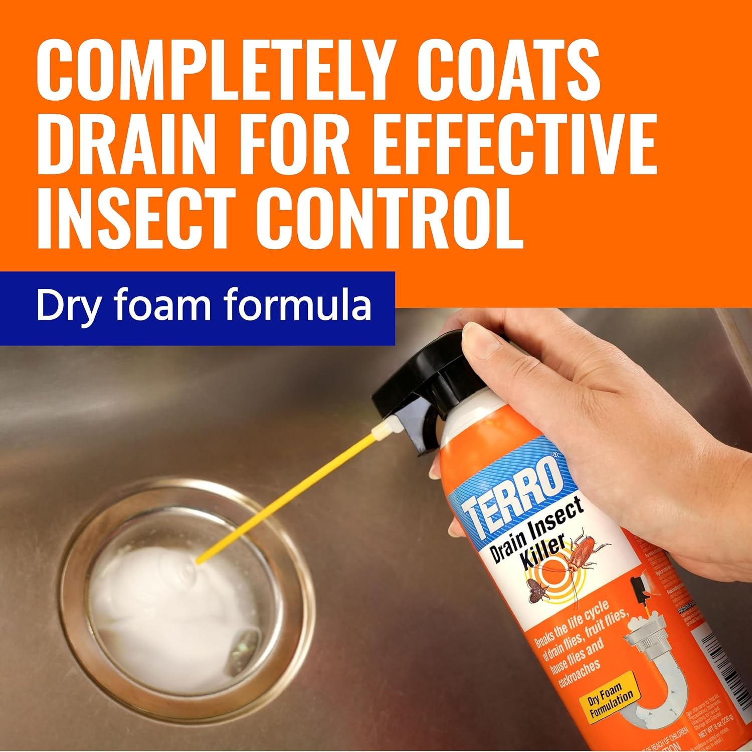TERRO Drain Insect Killer, 1-Pack, Foam Treatment for Indoor Infestations | Kill