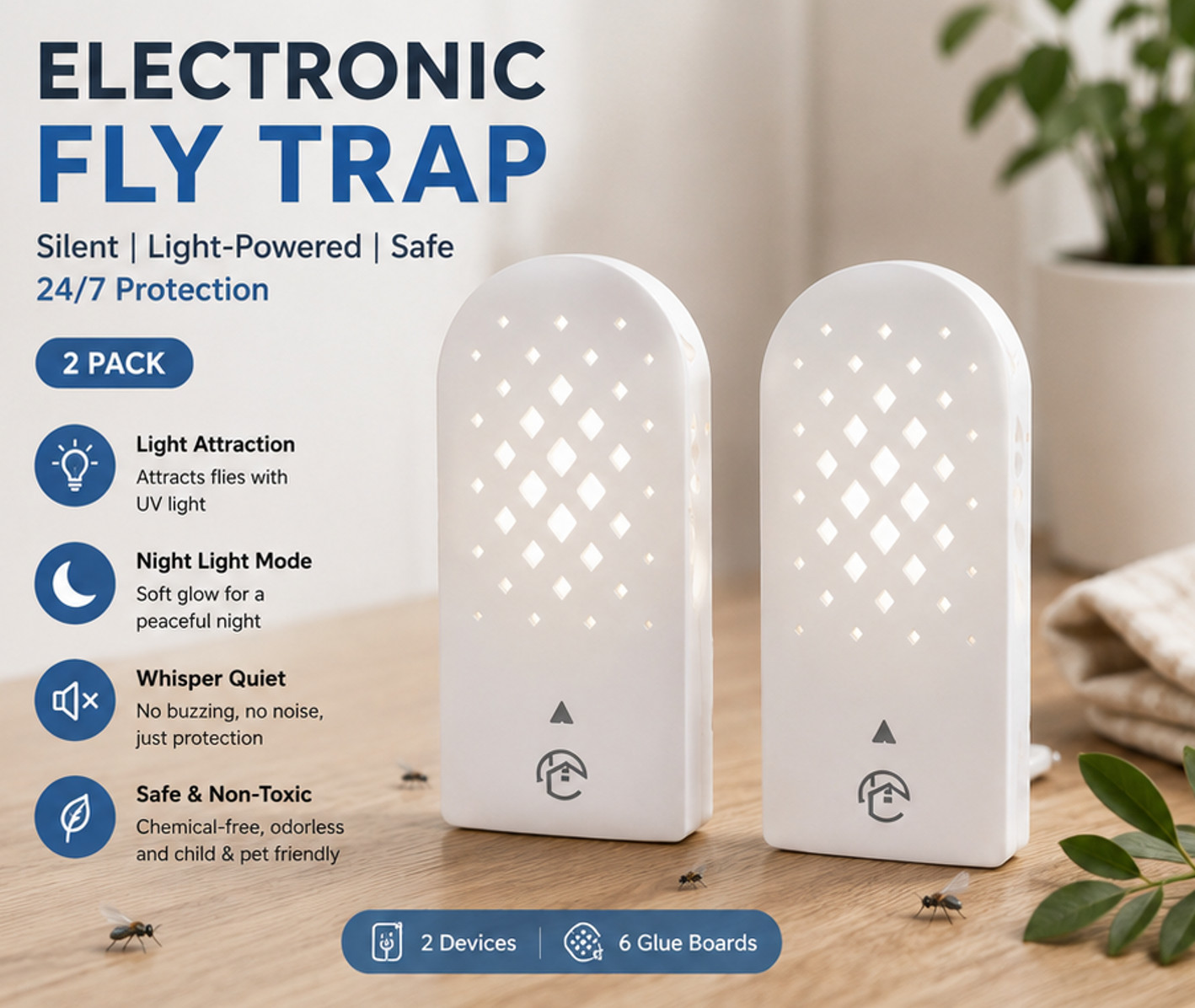 Fly Catcher Indoor,Gnat Traps for House Indoor, Bug Killer (2 Device 6 Refills)