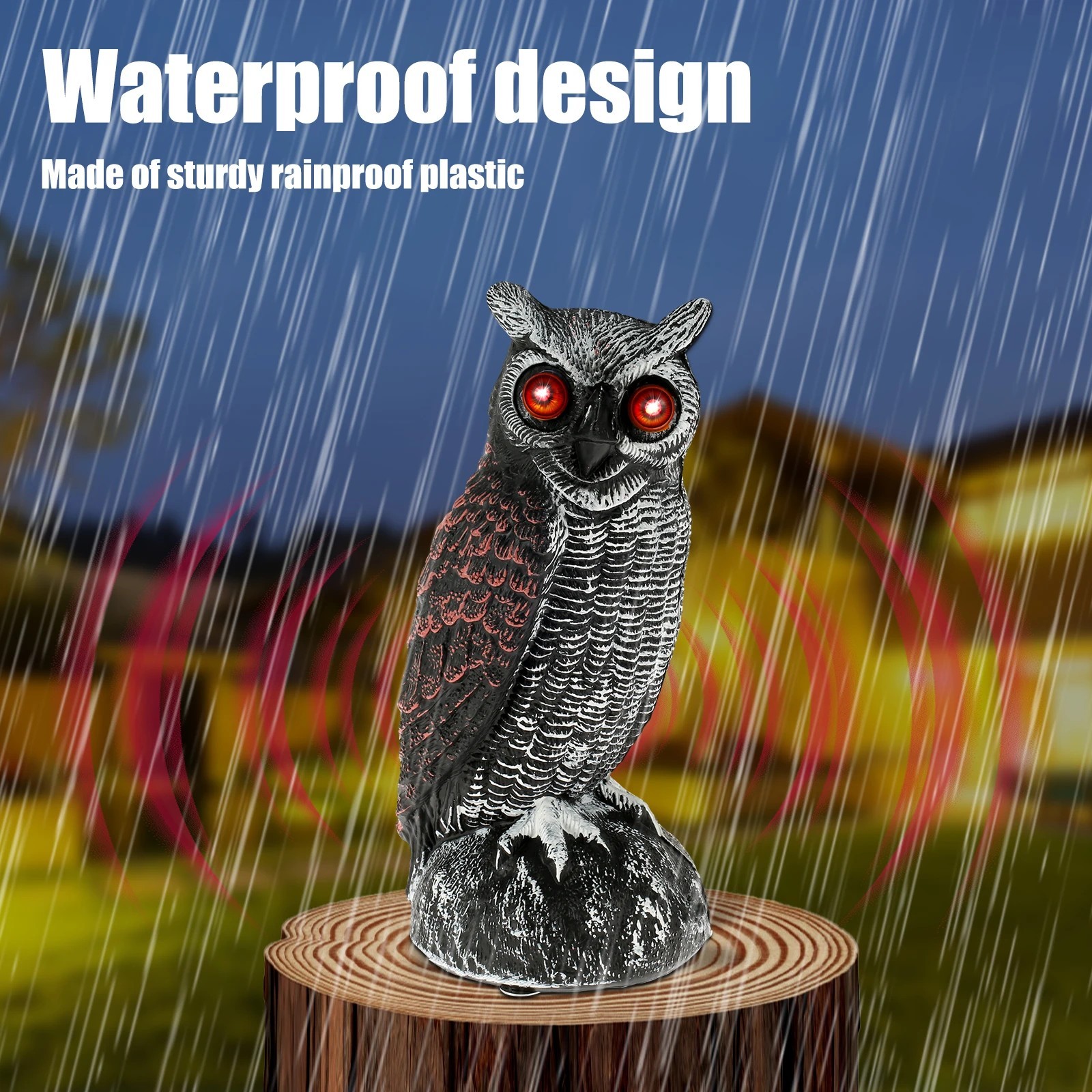 Solar Powered Fake Owl Decoy Scarecrow w/Flashing Eye & Sound For Garden Outdoor