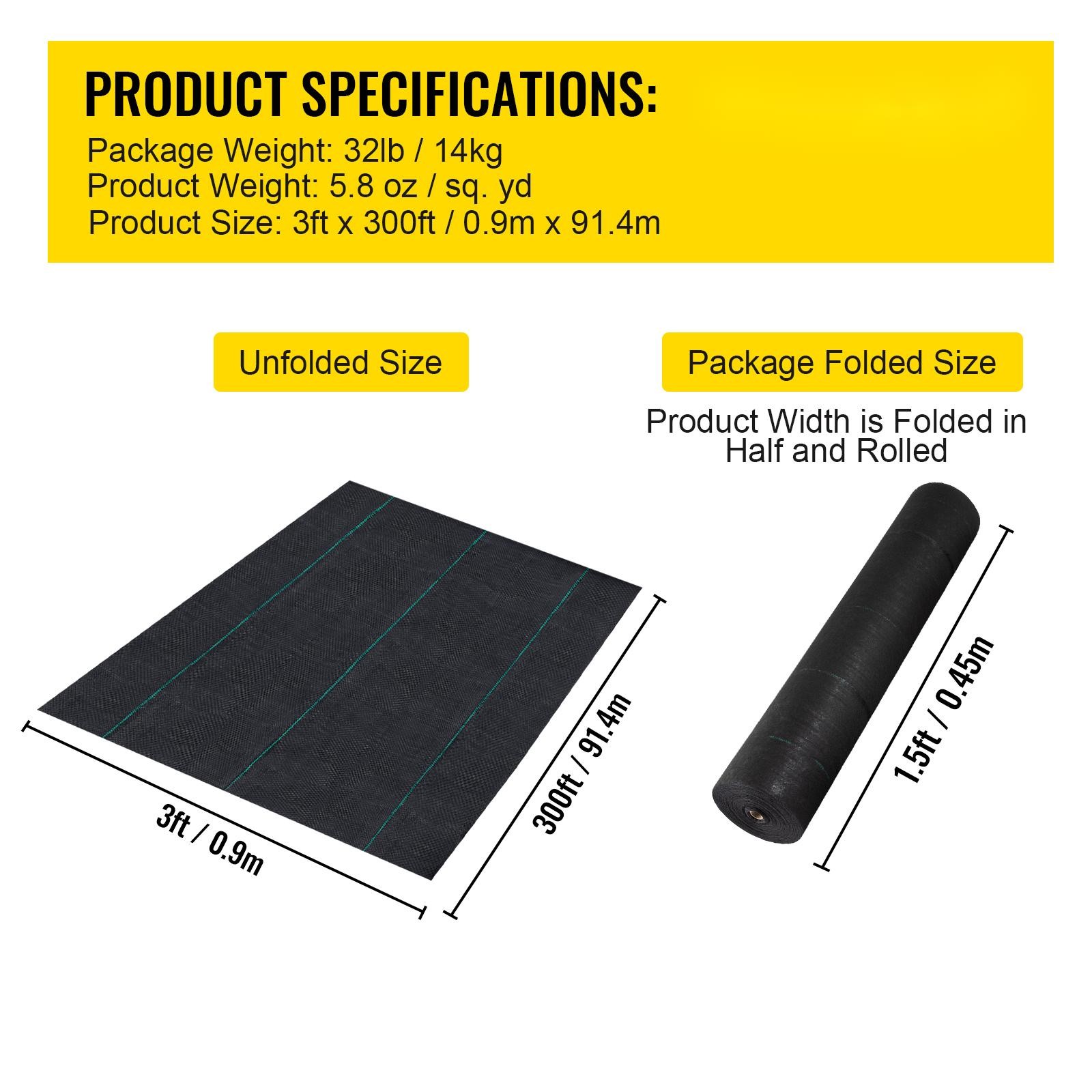 VEVOR 3′ x 300′ Woven Weed Barrier Landscape Fabric Ground Cover Black 5.8oz