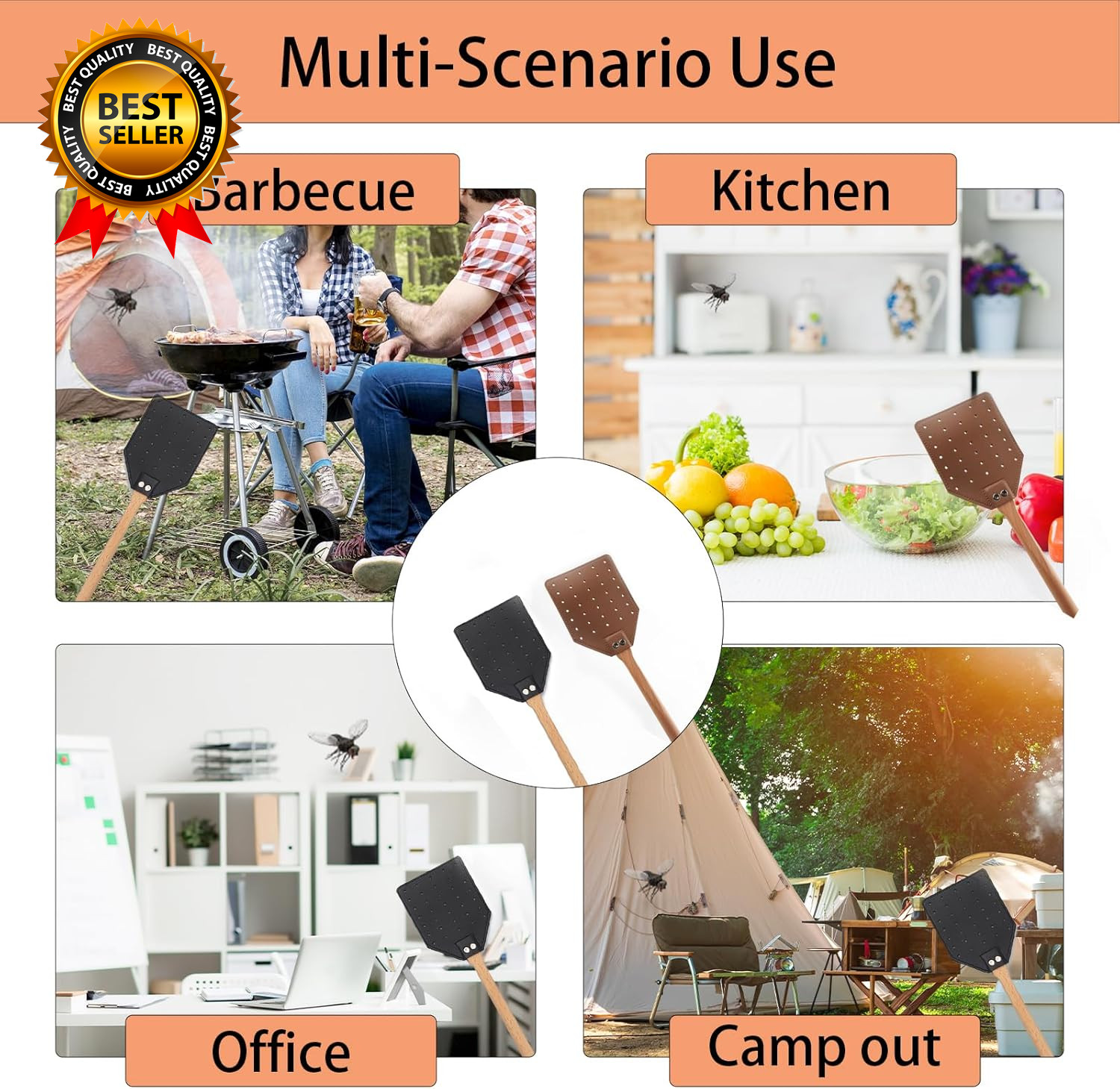 2 Pack Sturdy Leather Fly Swatter for Indoors (19.7”)Long Handle Heavy Duty