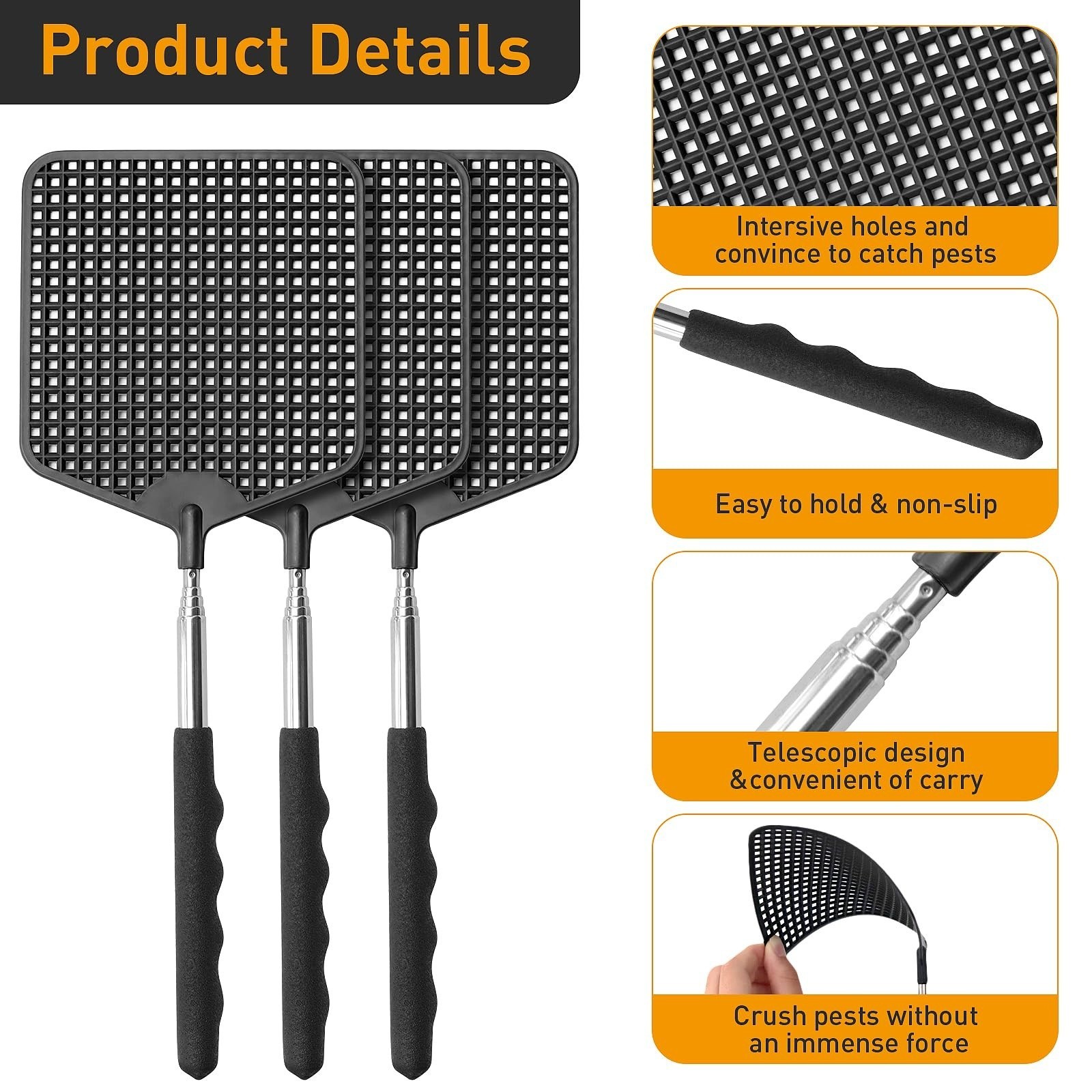 Extendable Fly Swatters 3 Packs, Stainless Steel Long Handle Manual Pest Control