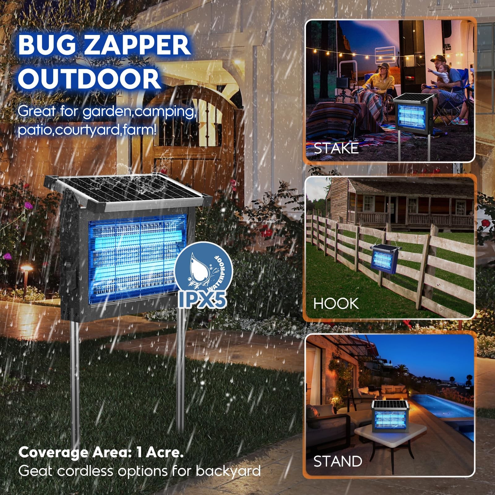 Solar Bug Zapper Outdoor, Mosquito Zapper 4500V, Waterproof Portable Fly Zapp…