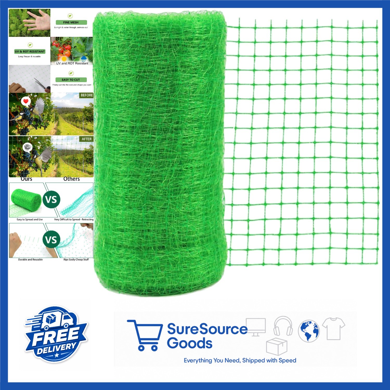 Polypropylene Garden Netting 7 x 100 FT Green for Deer and Bird Protection