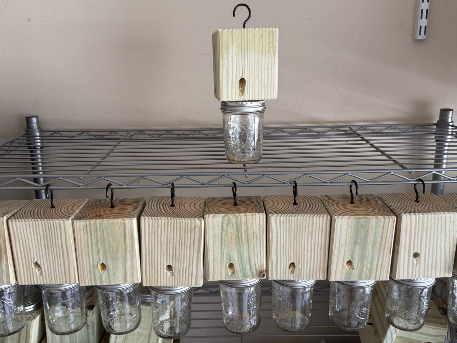 Set Of 2 Handmade Soft Pine Carpenter Bee Traps W/ Jars & Hooks- Free Shipping!