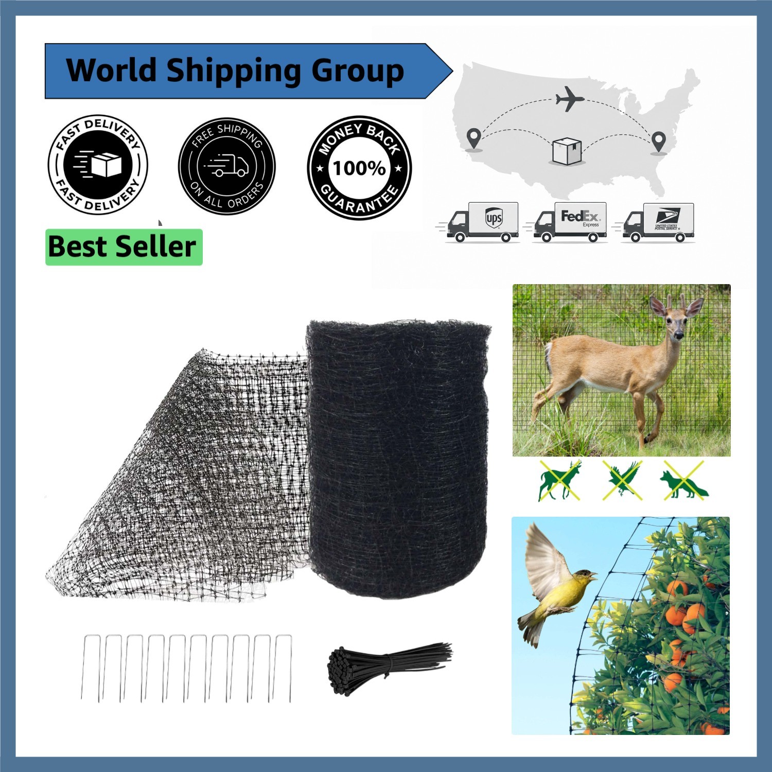 7 x 100 ft Polypropylene Deer & Bird Protection Netting for Gardens – Black