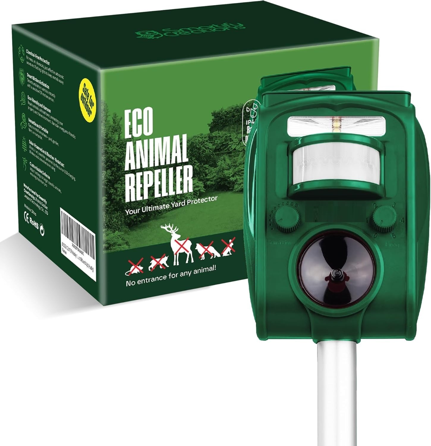Solar Power Ultrasonic Animal Repeller Waterproof Pest Deterrent for Outdoor Use