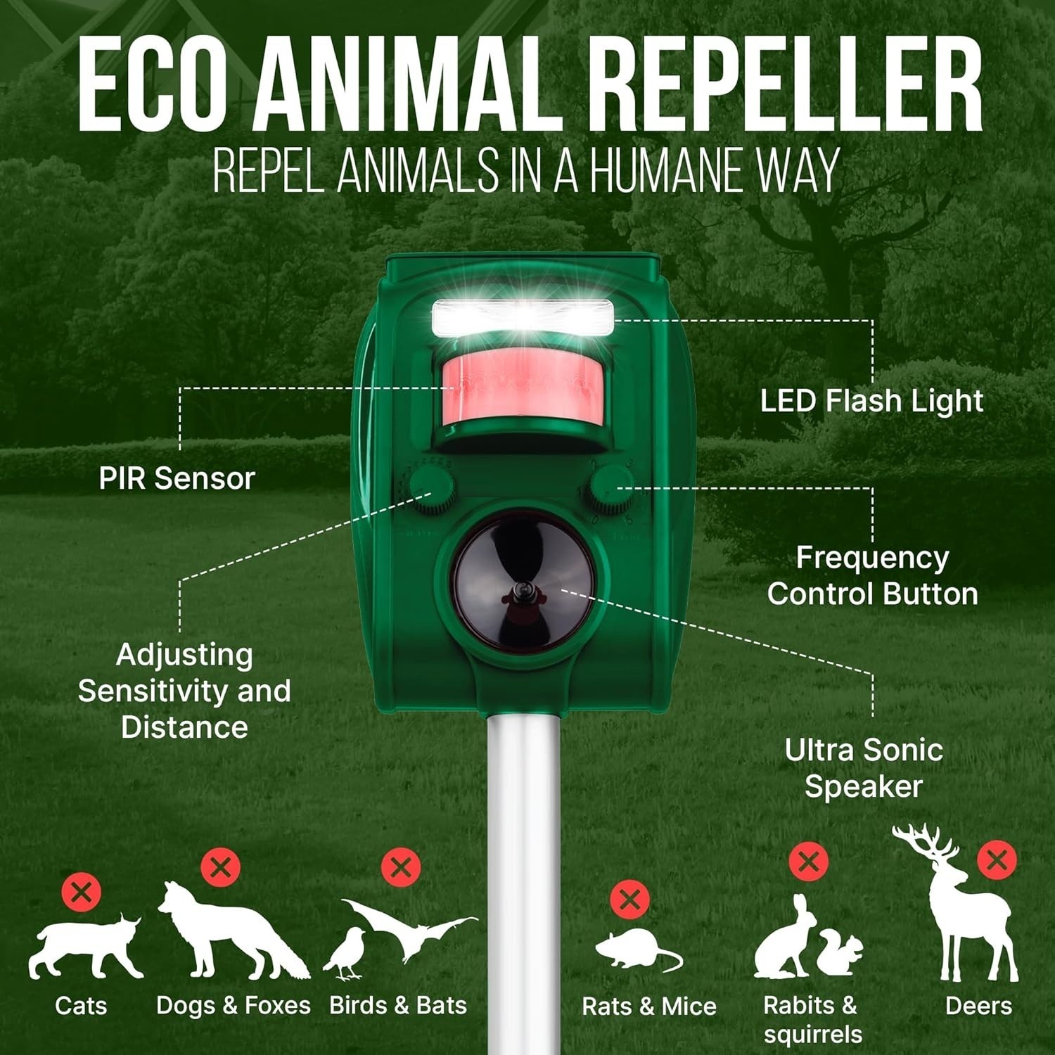 Solar Power Ultrasonic Animal Repeller Waterproof Pest Deterrent for Outdoor Use