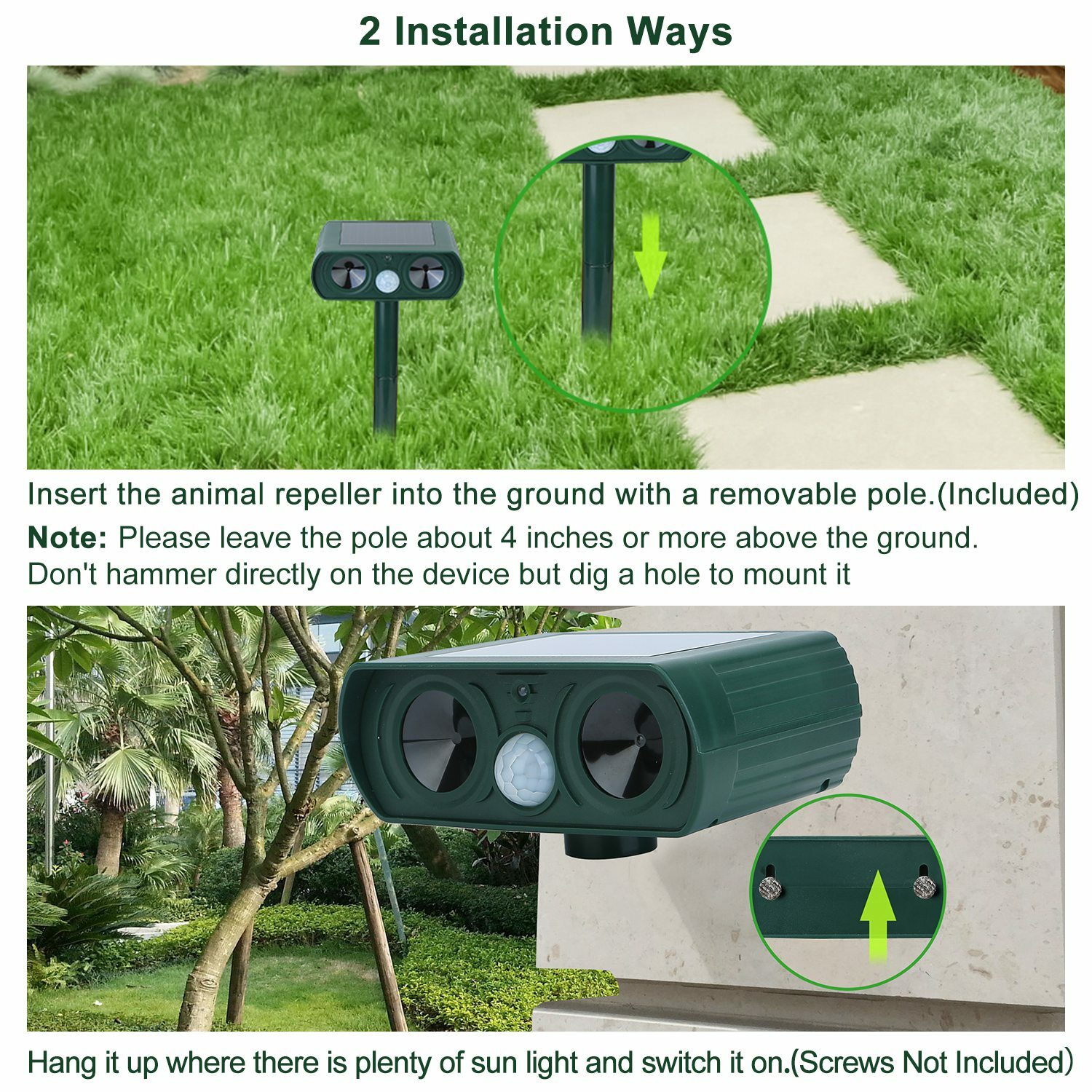 Solar Ultrasonic Animal Repeller Pest Repellent Garden Cat Dog Raccoon Repellent