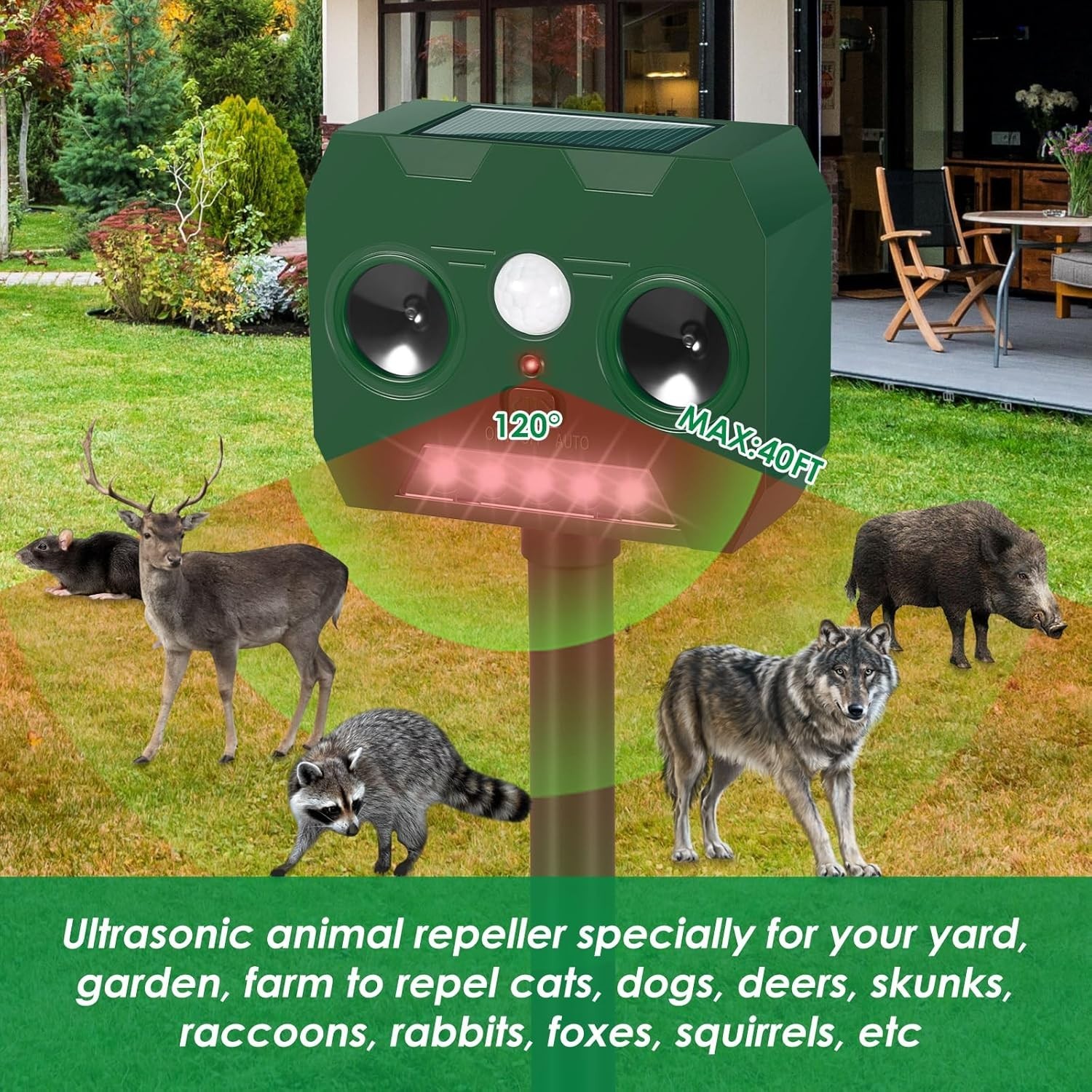 2026 Upgraded Solar Ultrasonic Animal Repellent Motion Activated Deer Repellen