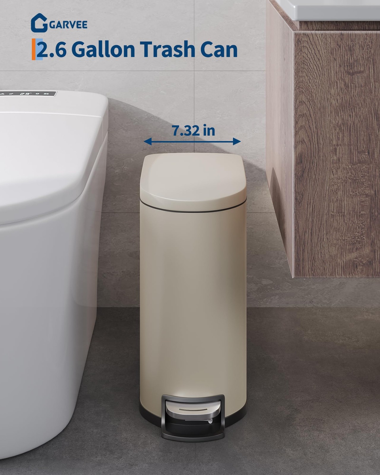 Garvee 2.6 gal Metal Bathroom Trash Can with Lid Slim Waterproof Garbage Bin Bed