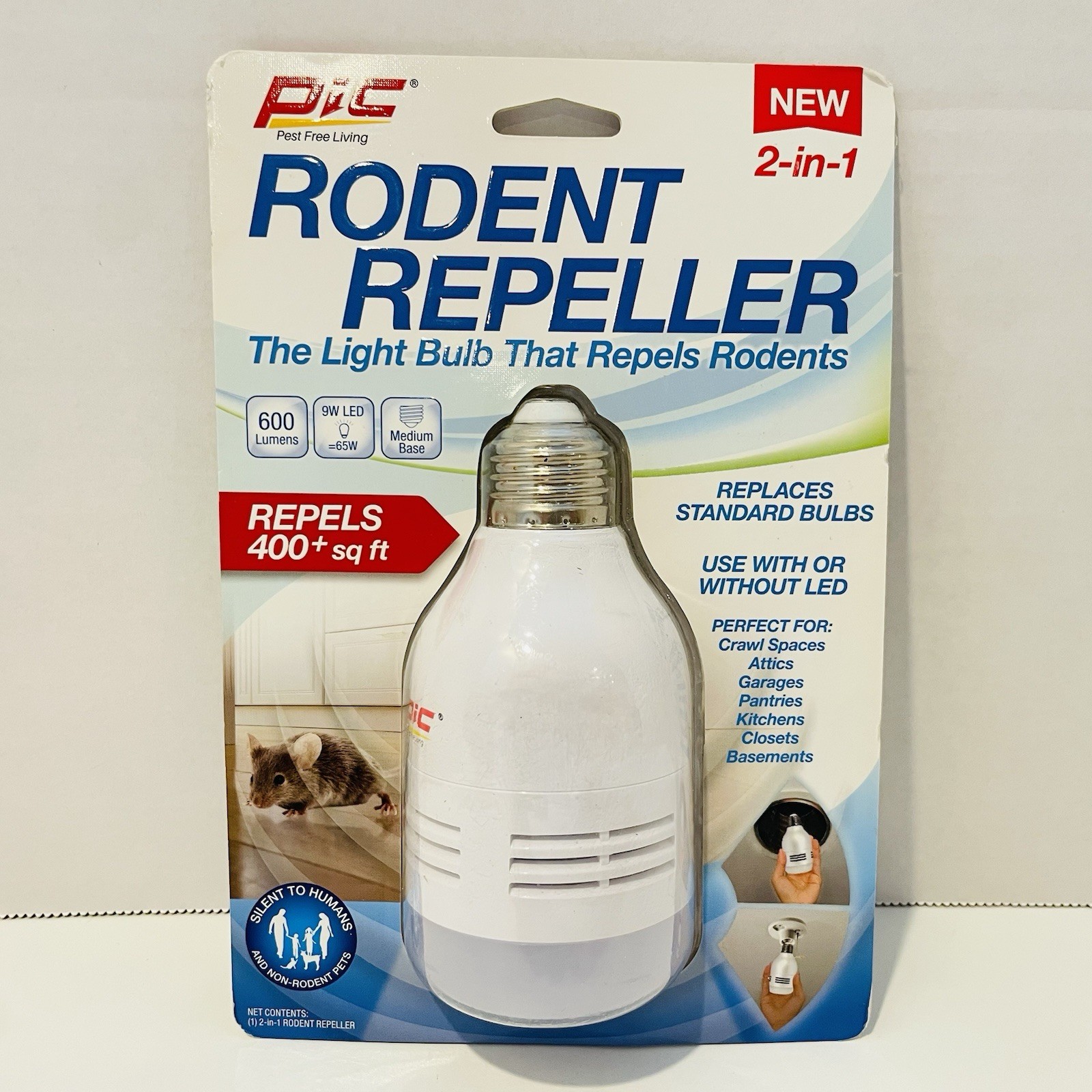 PIC LED-RR 2-in-1 Rodent Repeller LED Bulb Repels Rodents, 600 Lumens