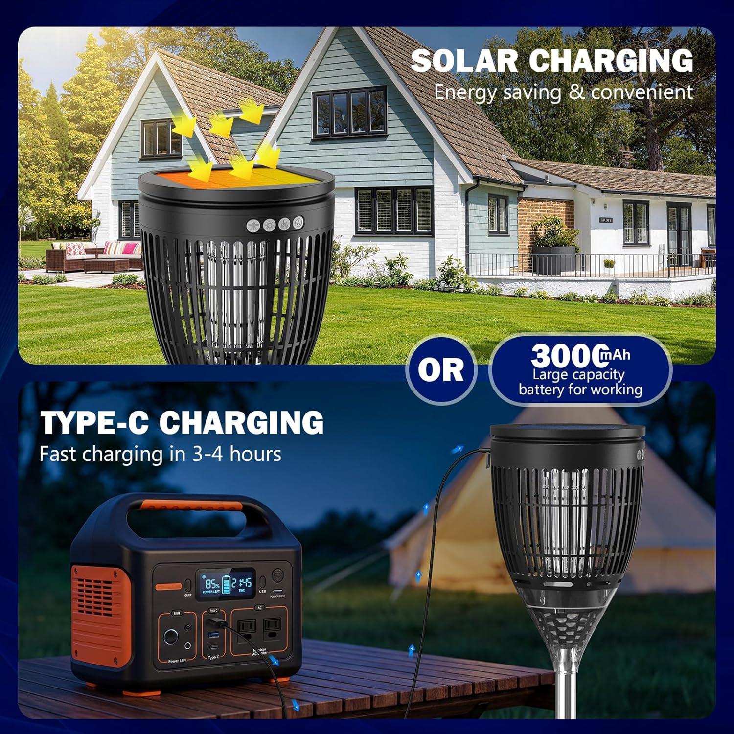 All in 1 Solar Bug Zapper Outdoor, Flame & Projection Mode, Auto/Manual Modes, 4