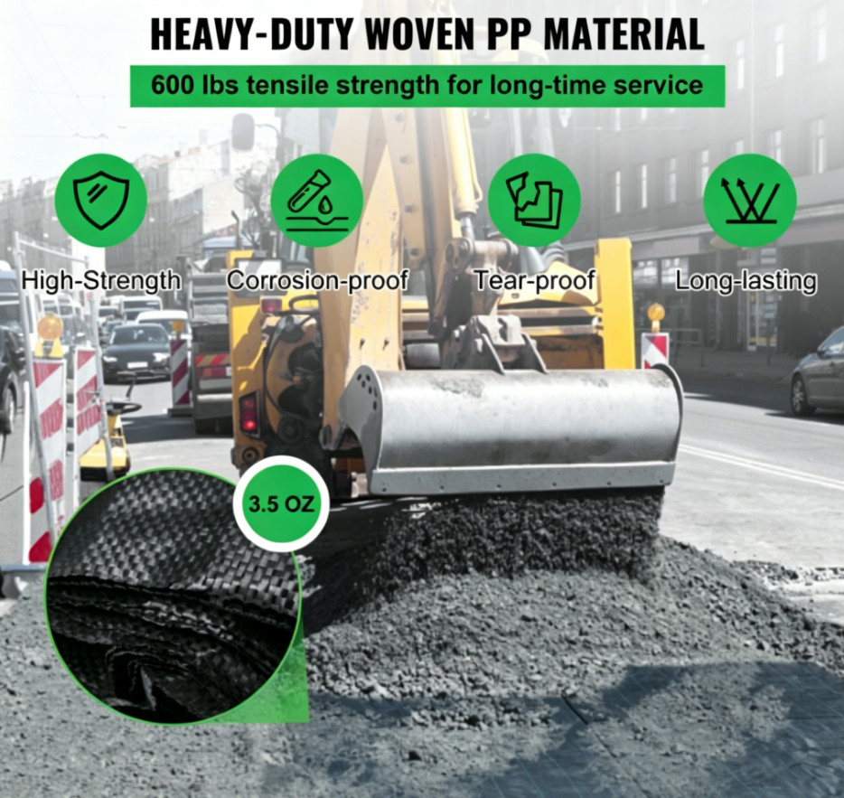 12.5x50FT Woven Geotextile Fabric 3.5oz Heavy Duty Weed Barrier Black