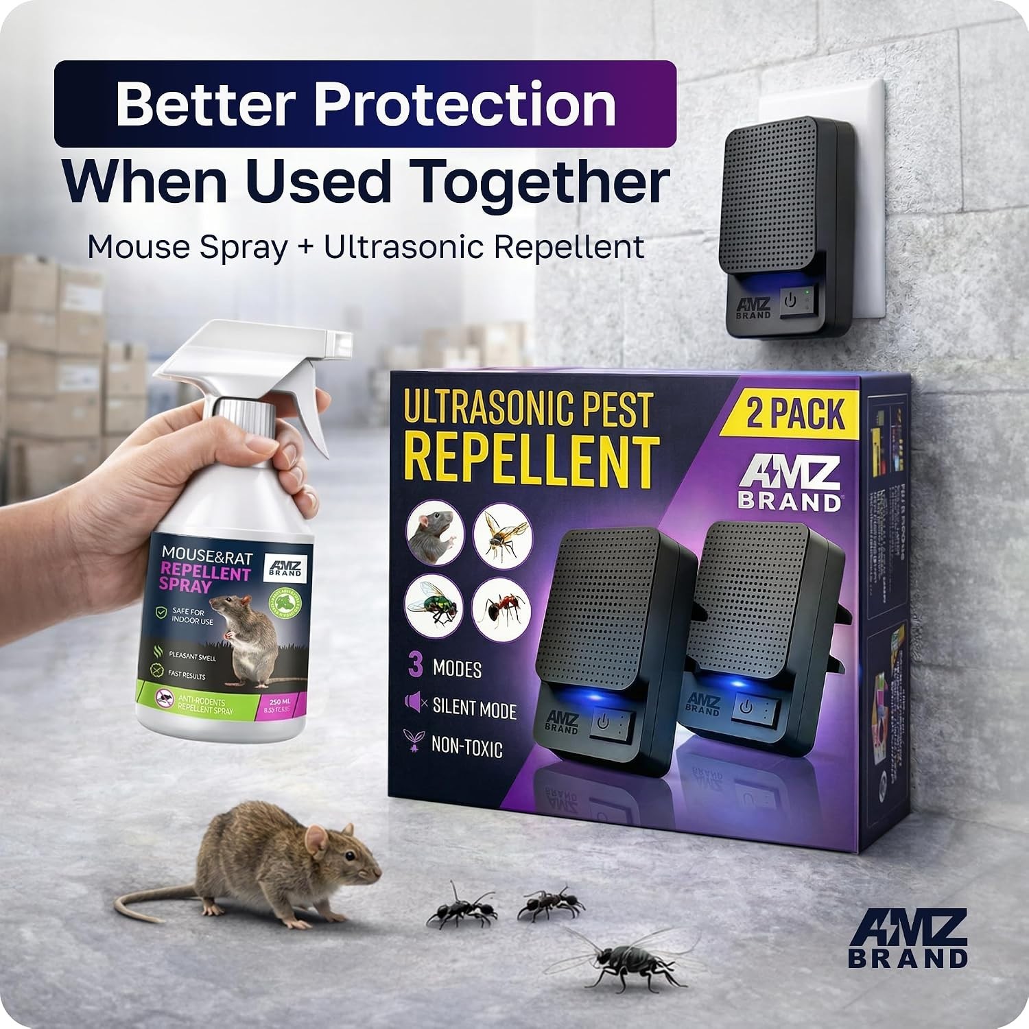 2-Pack Ultrasonic Pest Repeller: Silent Rodent & Insect Deterrent, 3 Modes