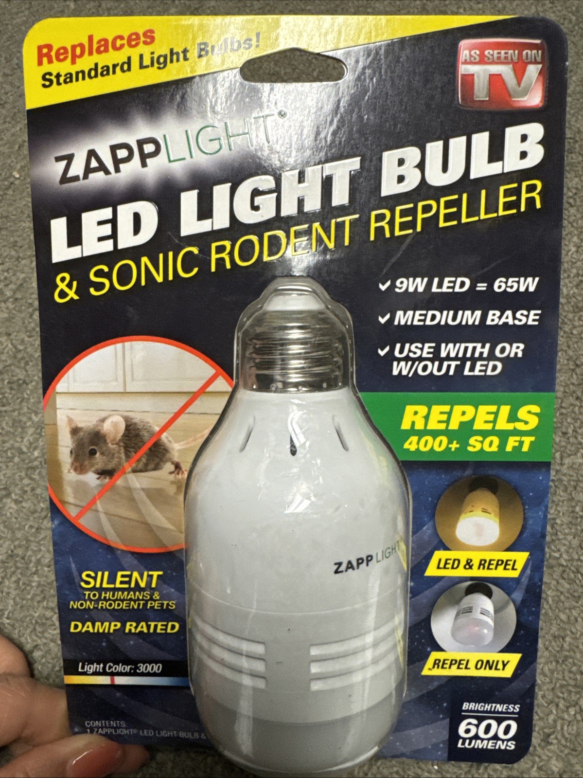 ZAPPLIGHT LED Light Bulb And Sonic Rodent Repeller 600 Lumens