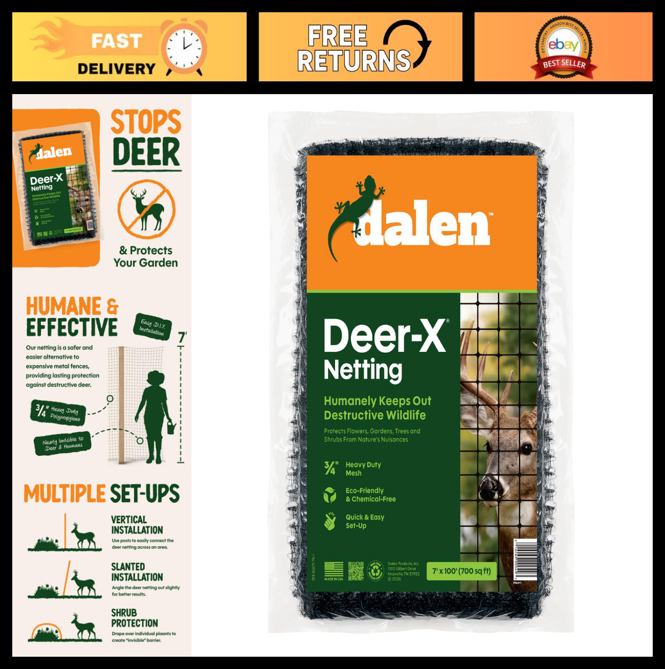 7ft x 100ft Black Garden Netting – Deer Deterrent, 3/4in Mesh, Weather-Resistant