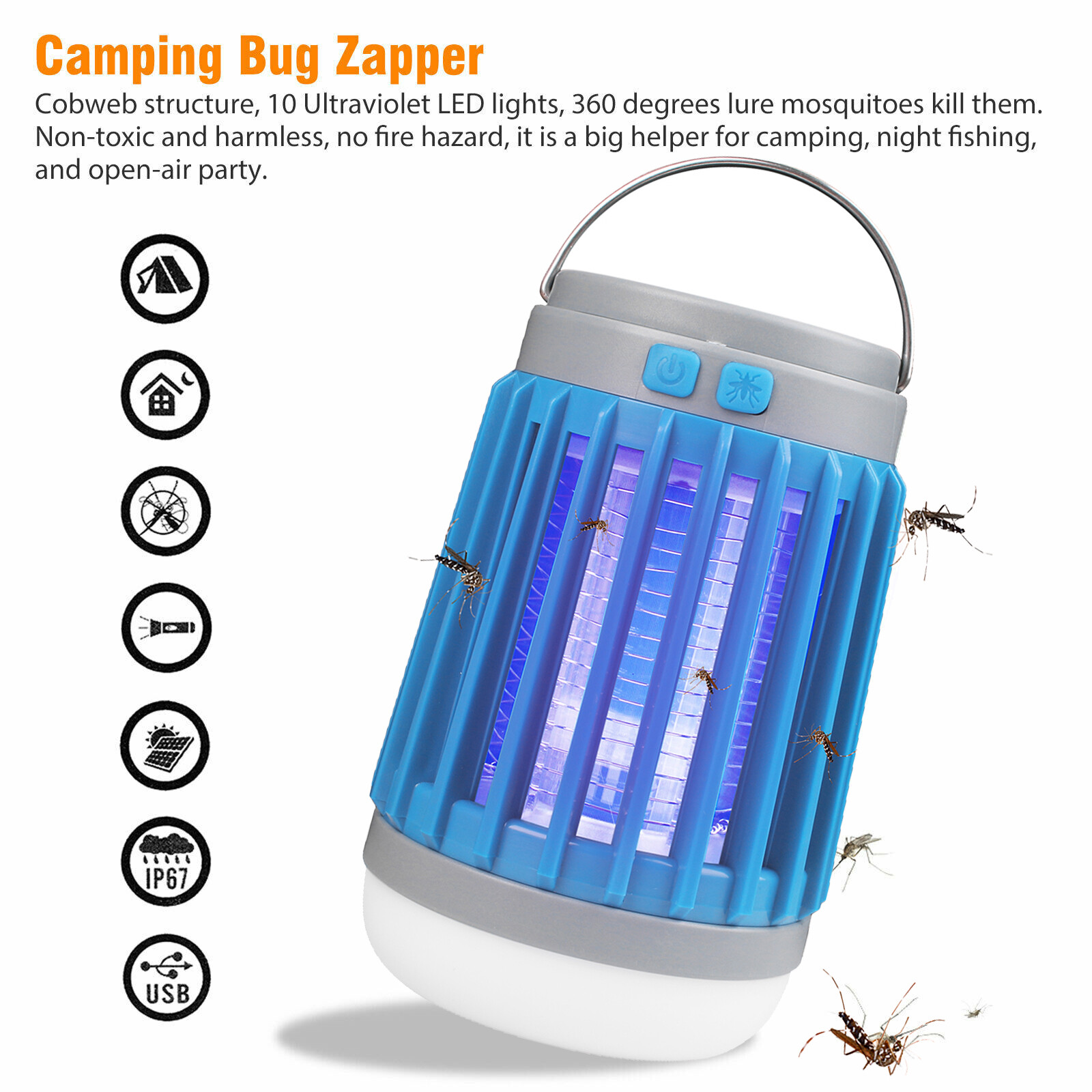 Solar Power Mosquito Killer Lamp Fly Insect Bug Zapper LED Light Camping Lantern