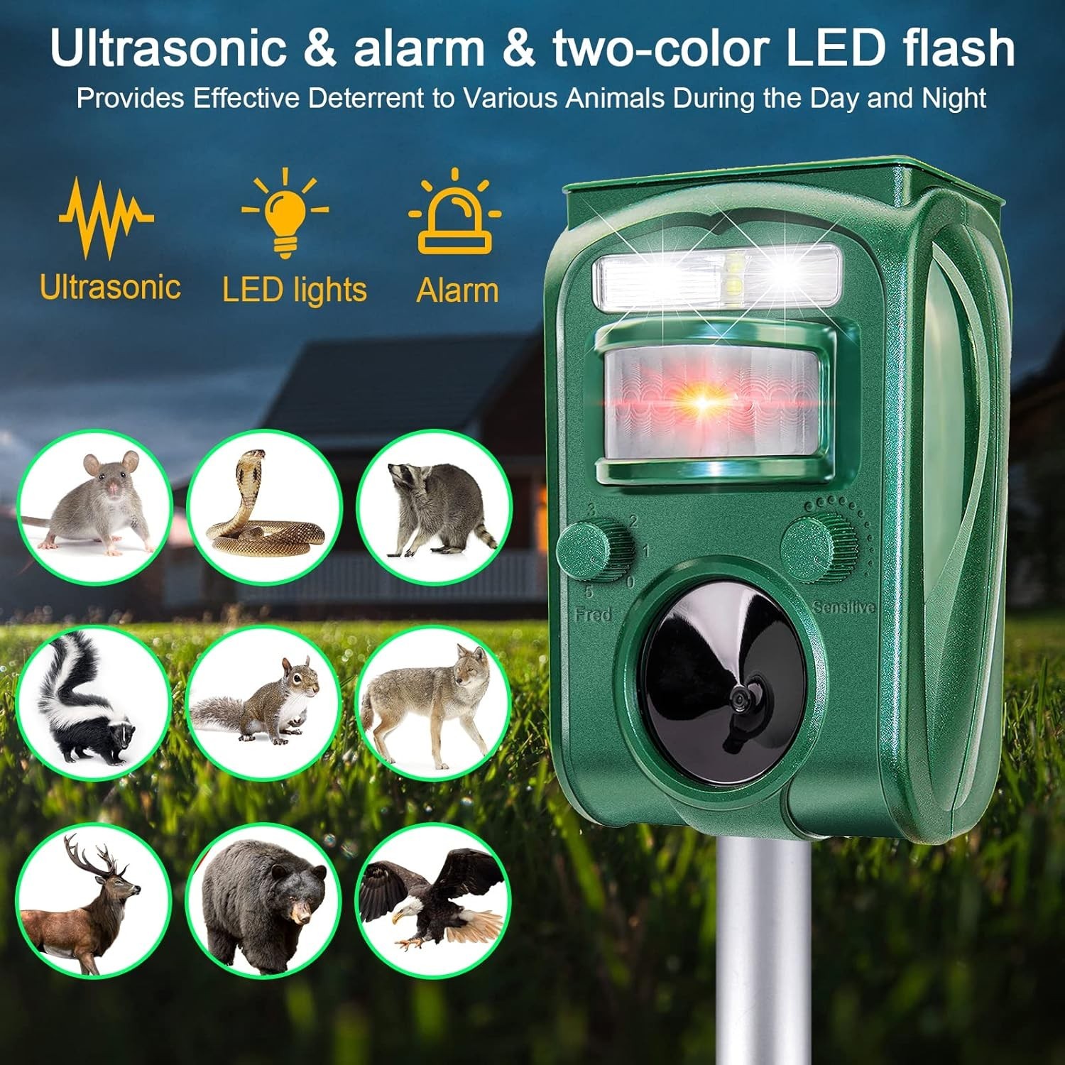 Solar Power Ultrasonic Animal Repeller Waterproof Pest Deterrent for Outdoor Use