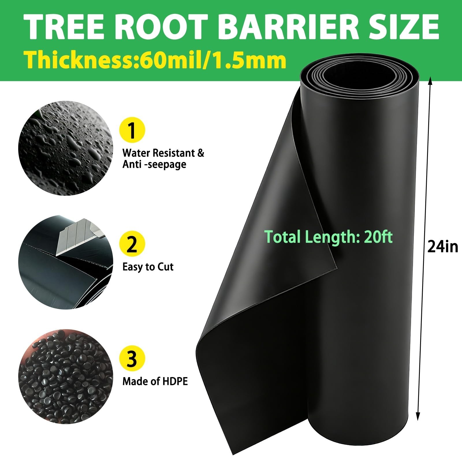 20ft Heavy-Duty Tree Root Barrier – 24in x 60mil Weed Blocker for Landscape Edgi