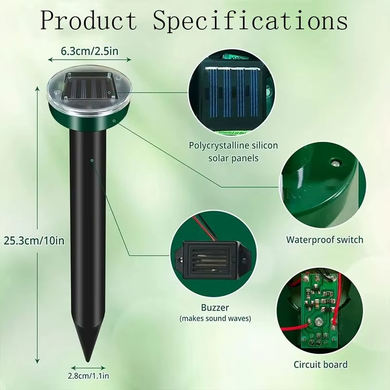4Pcs Solar Ultrasonic Mole Mouse Snake Repellent Vibration Built Battery IP64