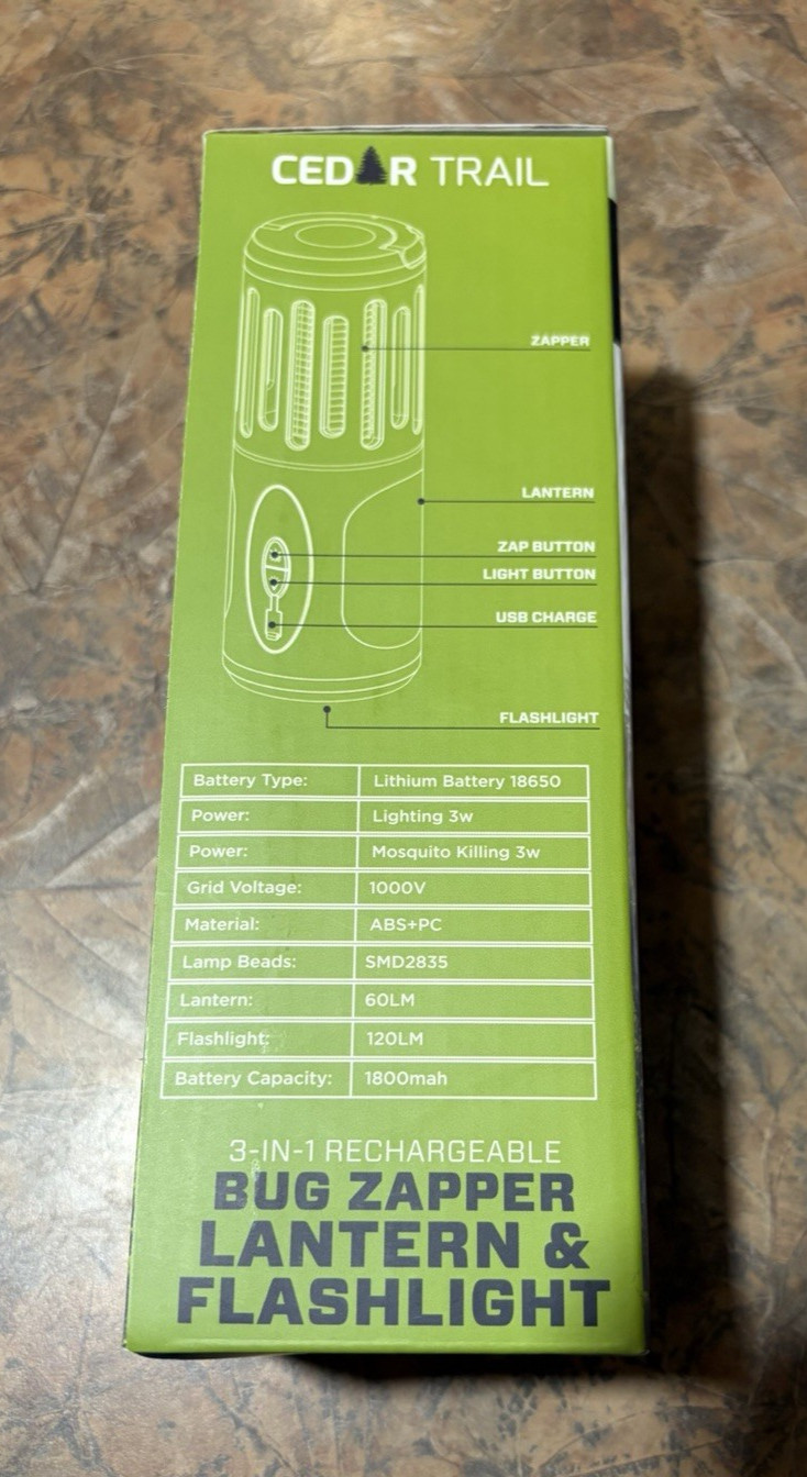 Cedar Trail 3-in-1 Rechargeable Bug Zapper, Lantern & Flashlight, New in box