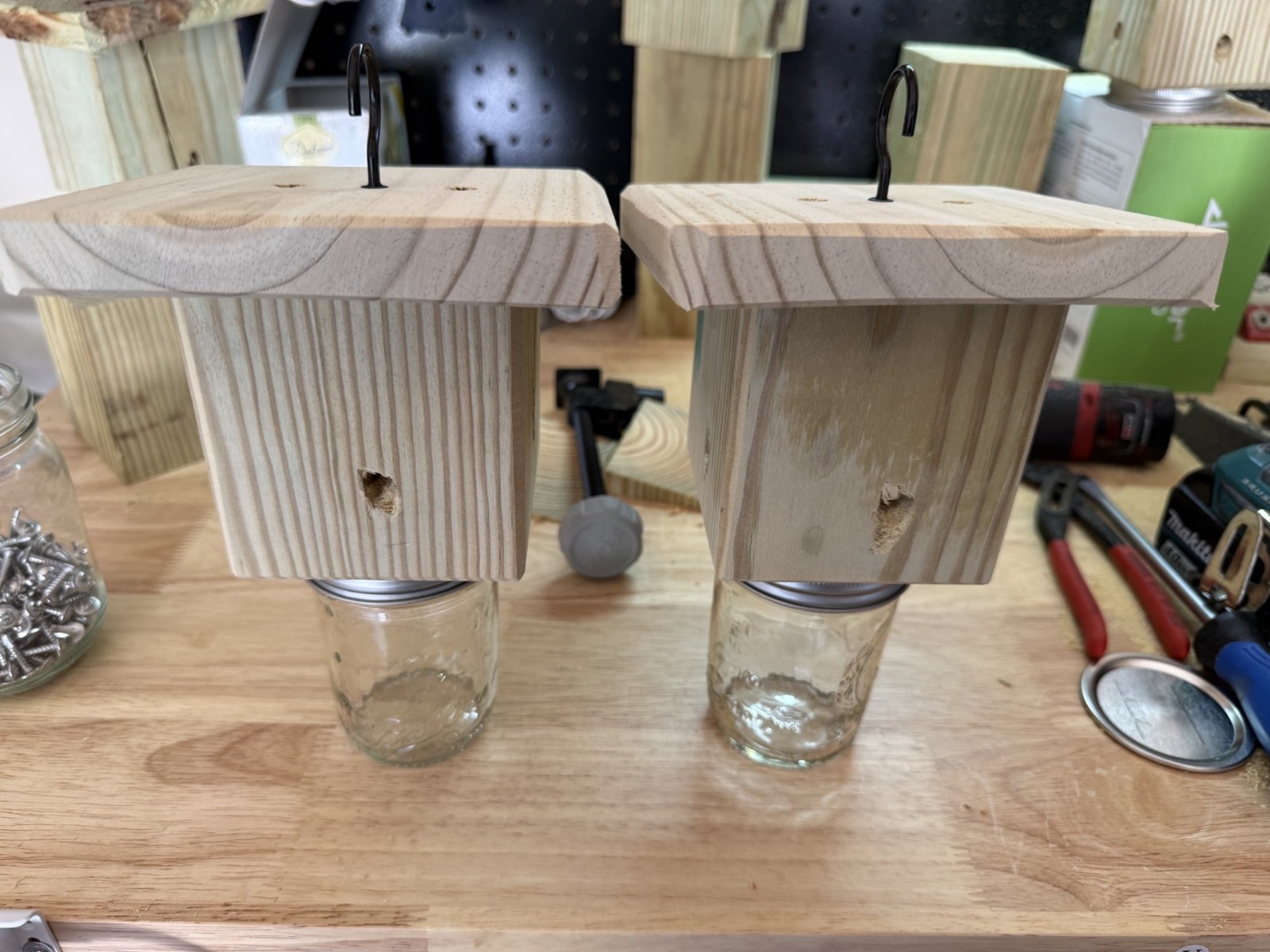 Handmade Set Of 2 Pine Carpenter Bee Traps w/ Jars and DClip Hook Free Shipping!