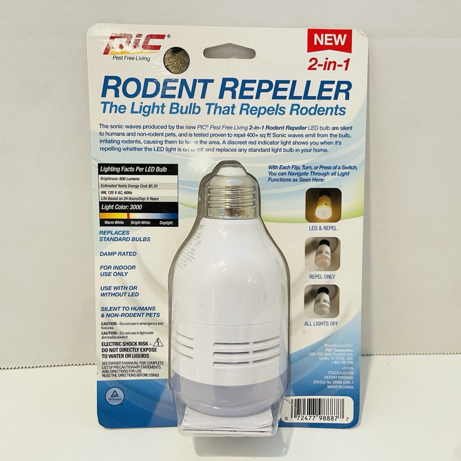 PIC LED-RR 2-in-1 Rodent Repeller LED Bulb Repels Rodents, 600 Lumens