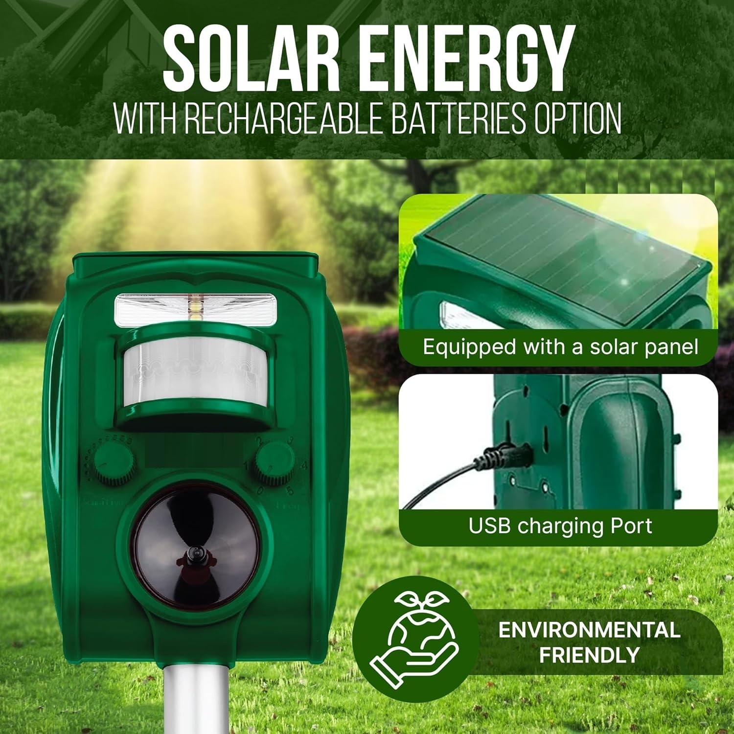 Solar Power Ultrasonic Animal Repeller Waterproof Pest Deterrent for Outdoor Use