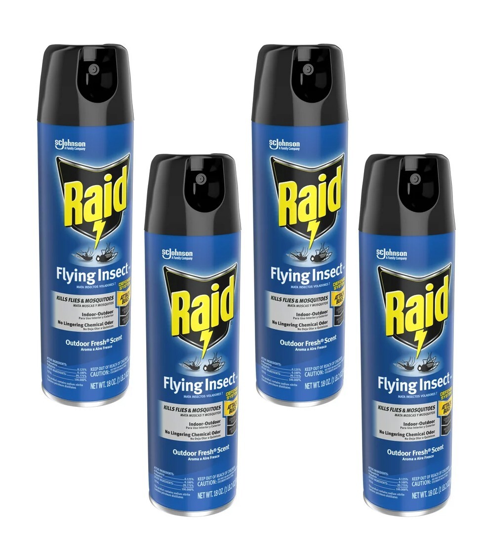 4 Pack Raid Flying Insect Killer 7 Kills Flies etc. In/Outdoor Fresh Scent 18 oz