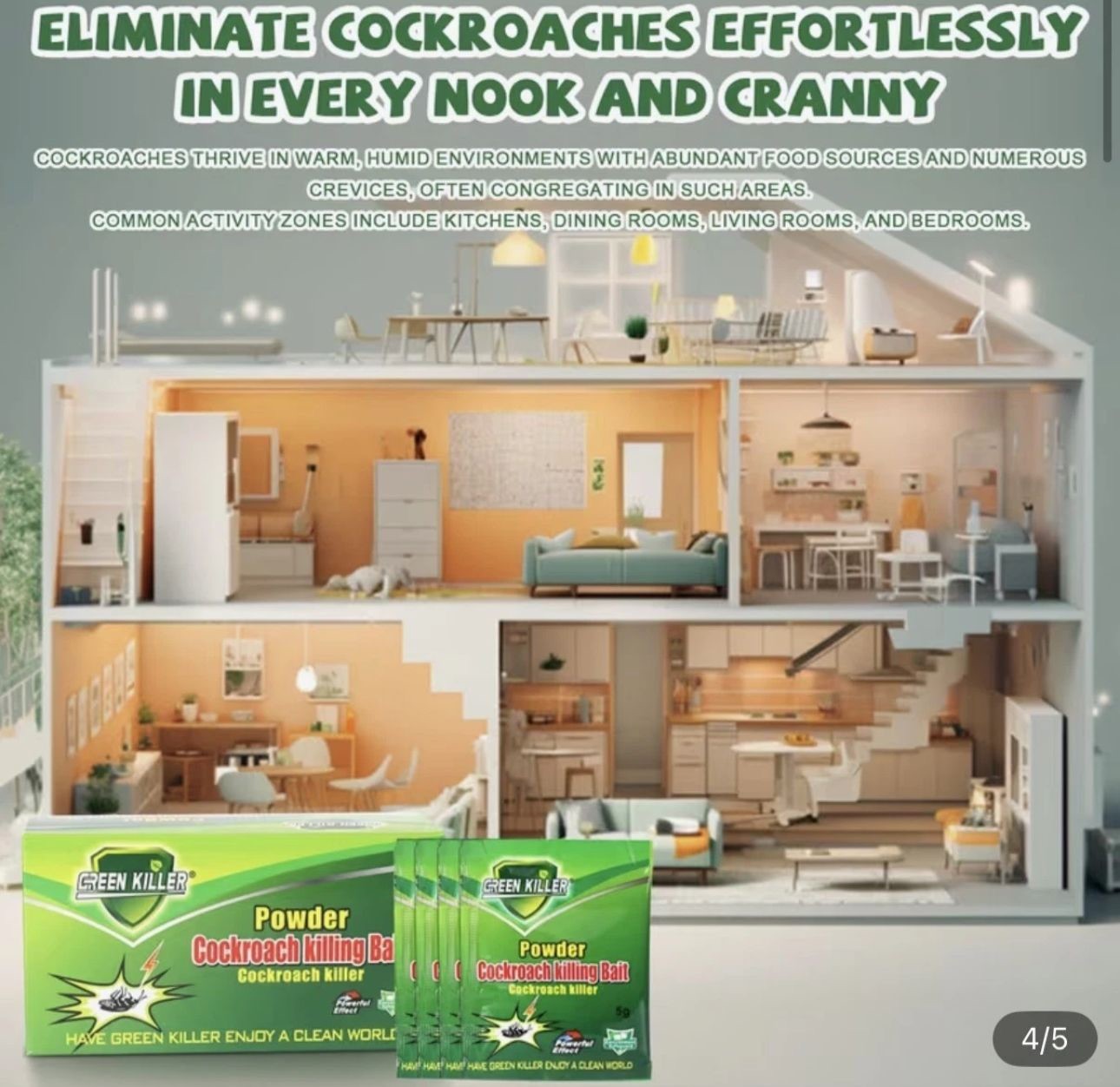 Green Killer Cockroach Killing Powder Bait, Roach Killing Bait Method, 5 g 50pcs