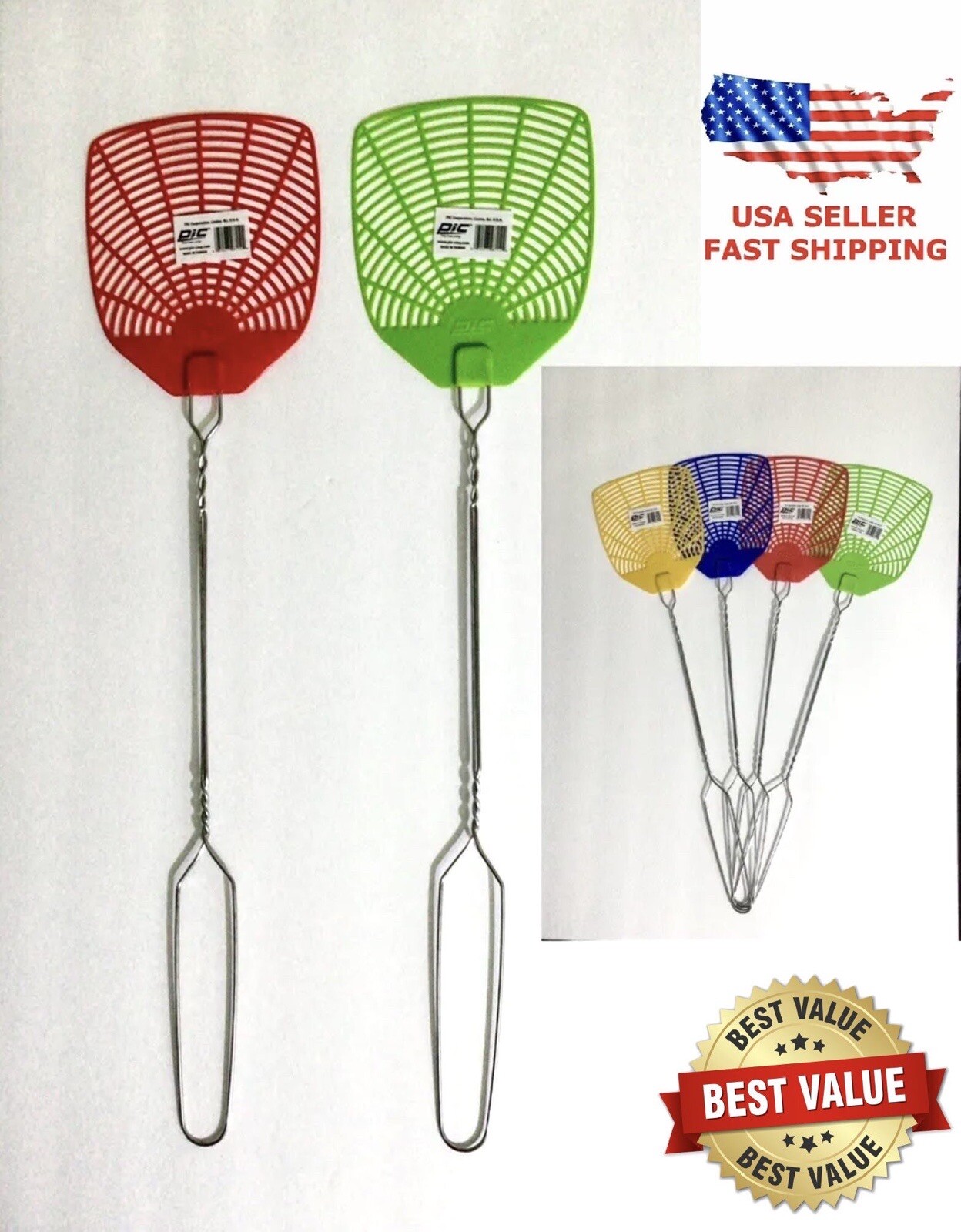 2 PC PIC BRAND 20” LENGTH 5” X 5” FACE WIRE HANDLE FLY SWATTERS 4 ASSORTED COLOR