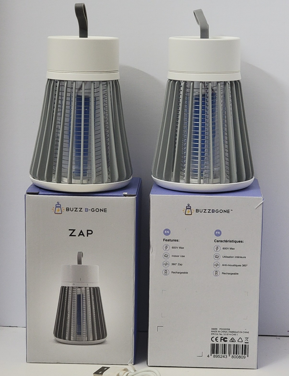 2 pk Buzz B Gone Zap Portable LED Light Bug Mosquito Zapper 360° Rechargeable!