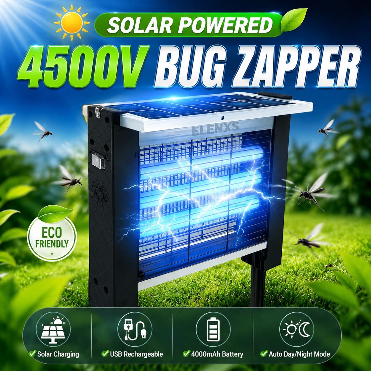 Solar Bug Zapper Outdoor 4500V Mosquito Killer Powered USB Rechargeable IPX5 New