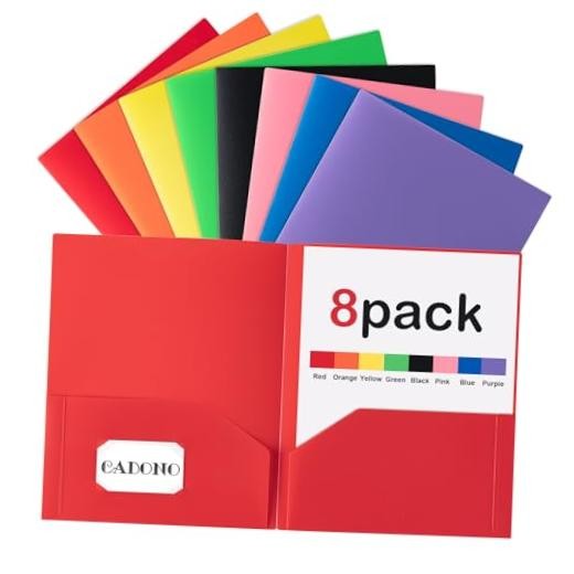CADONO Plastic Folders with Pockets (8 Pack,Assorted Colors), Durable Heavy