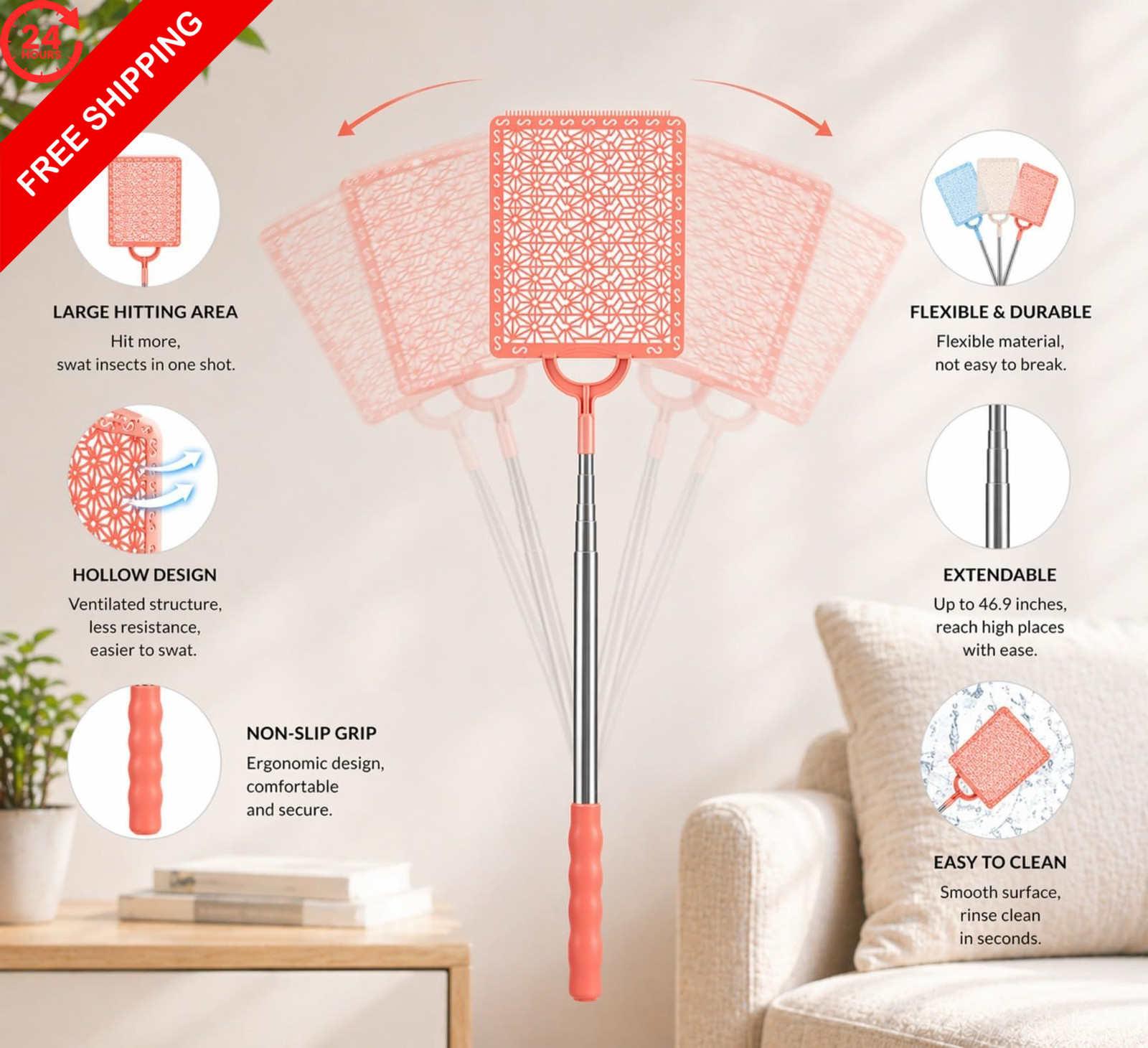 Boao 3 Pieces Fly Swatter Manual Retractable Detachable Assorted