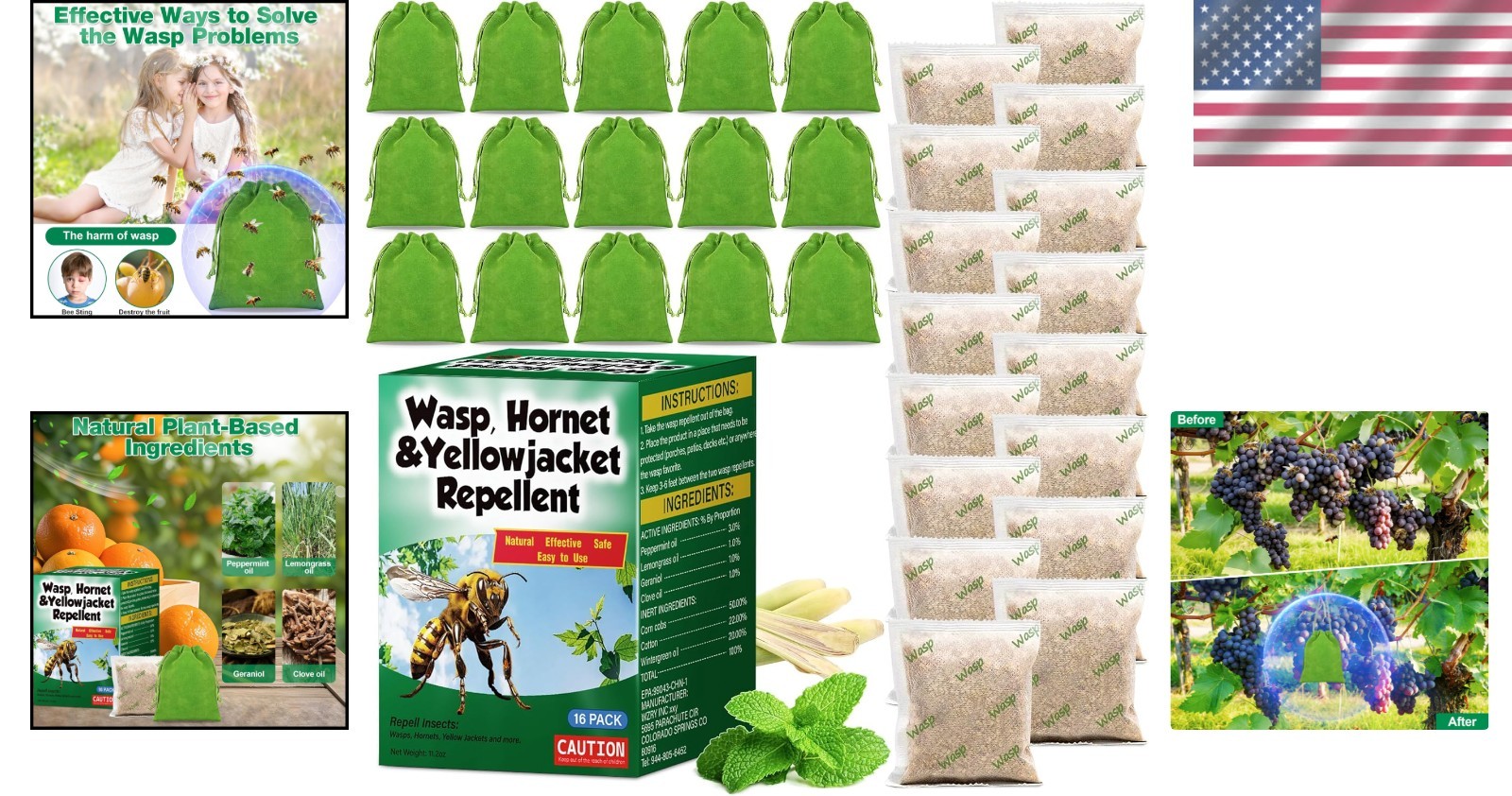 16 Pack Natural Wasp and Bee Repellent Pouch Outdoor, Peppermint Oil Carpenter B