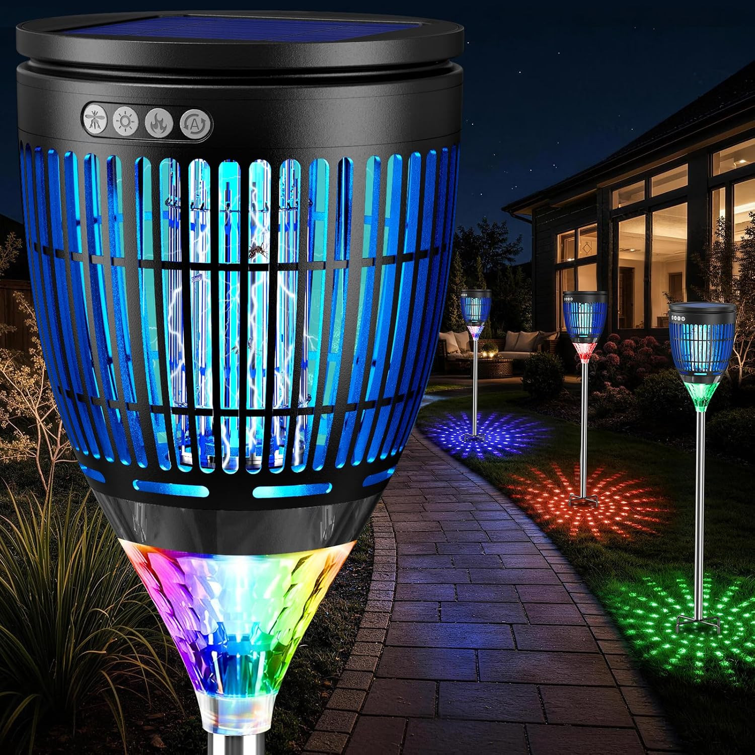 All in 1 Solar Bug Zapper Outdoor, Flame & Projection Mode, Auto/Manual Modes, 4