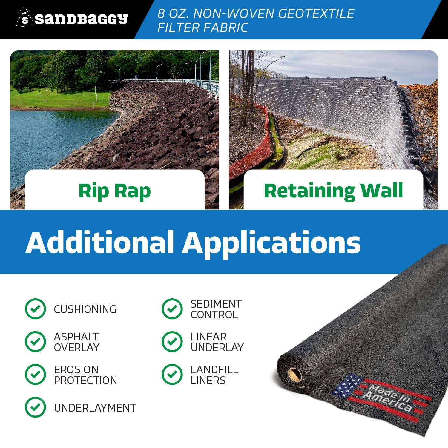 Sandbaggy Non Woven 8 oz Geotextile Landscape Fabric | 50 YEAR* | MADE IN USA