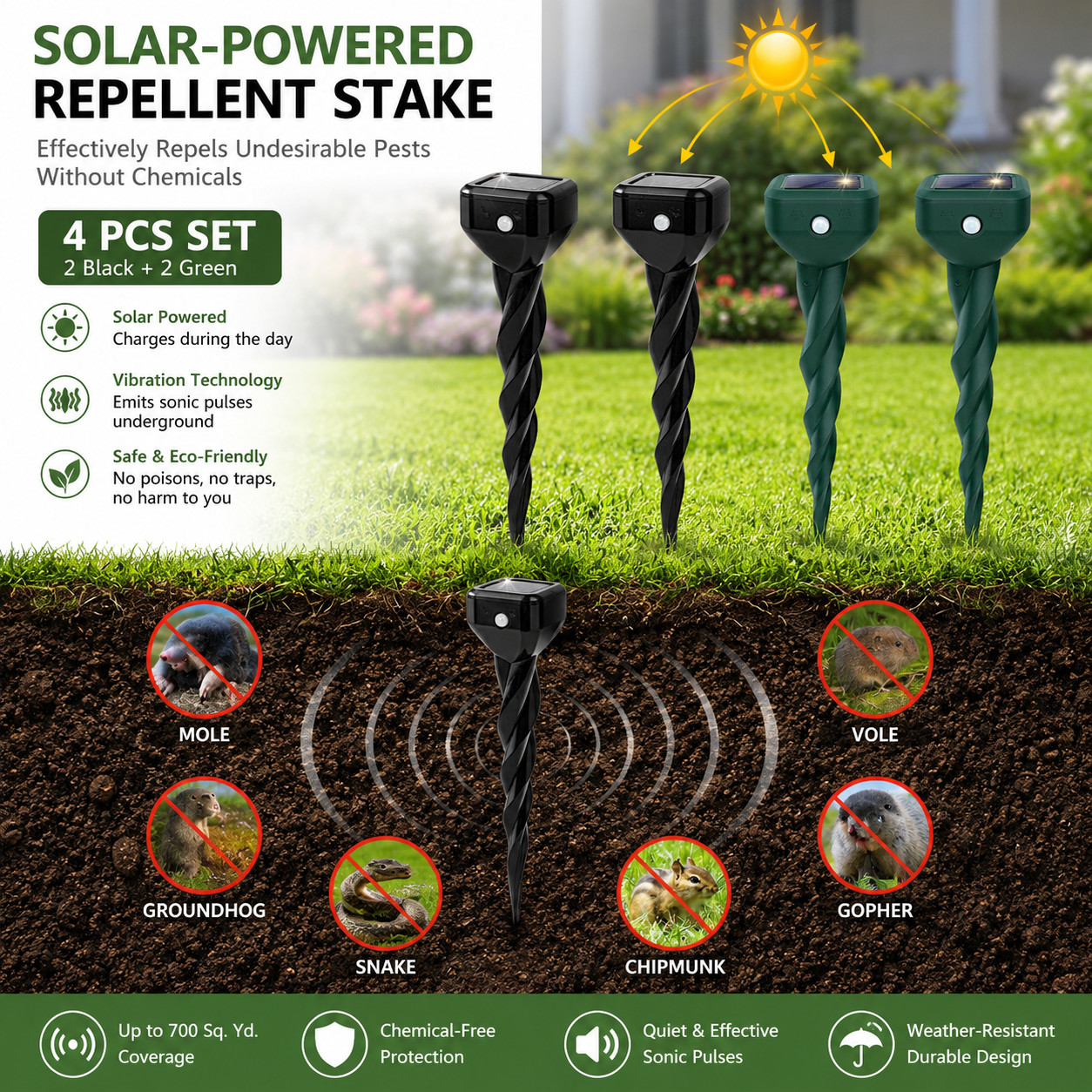 4Pcs Solar Gopher Repellent Stakes Mole Snake Repeller Outdoor Yard Lights