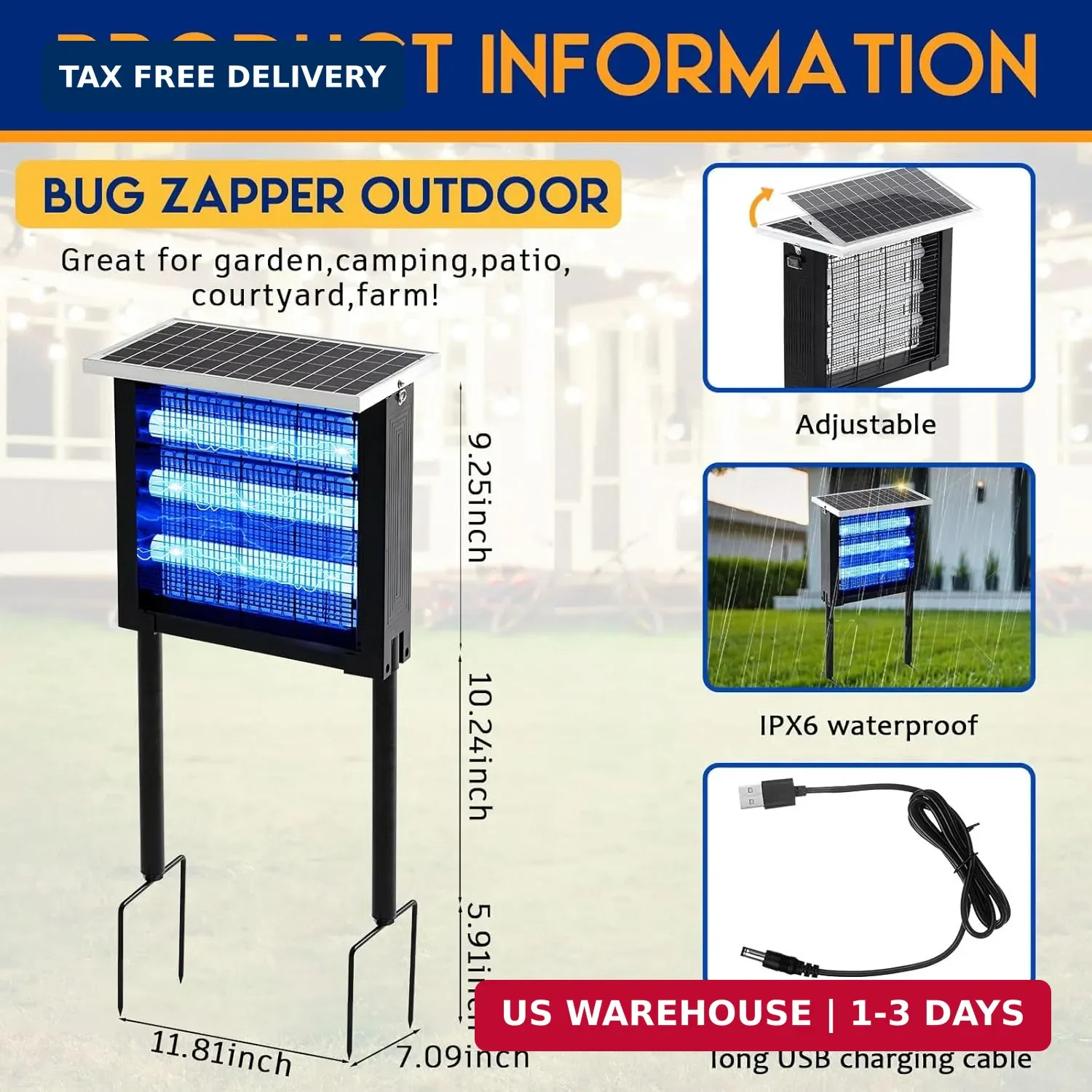 Qualirey 1 Pcs Solar Bug Zapper Outdoor Waterproof Mosquito Zapper with 3000v Hi