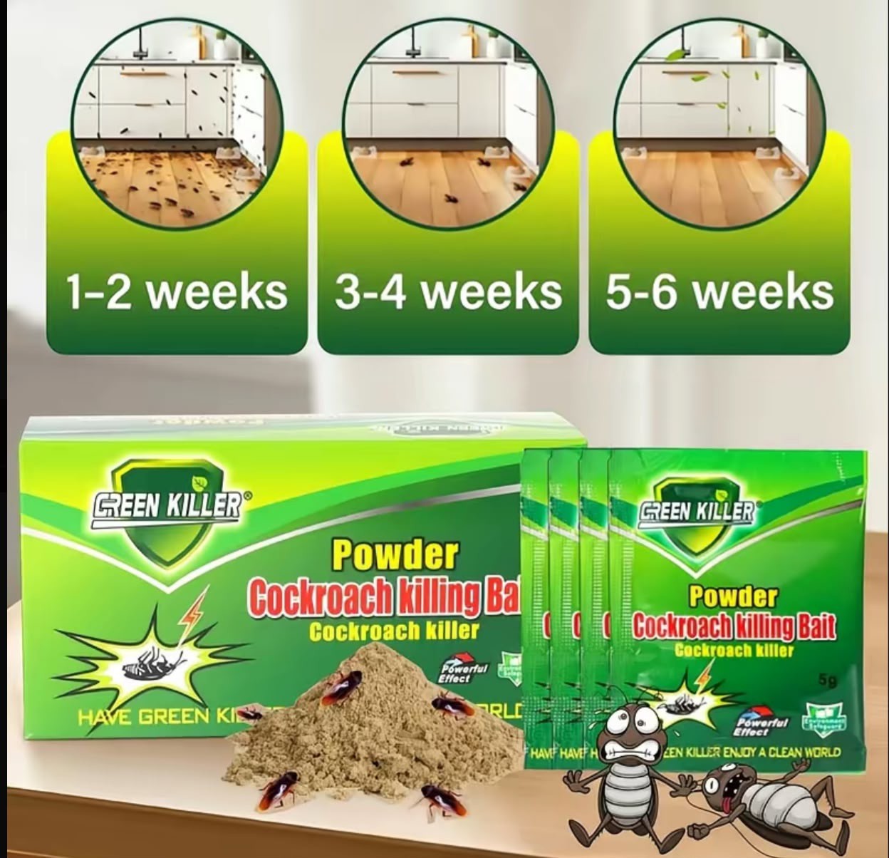 Green Killer Cockroach Killing Powder Bait, Roach Killing Bait Method, 5 g 50pcs