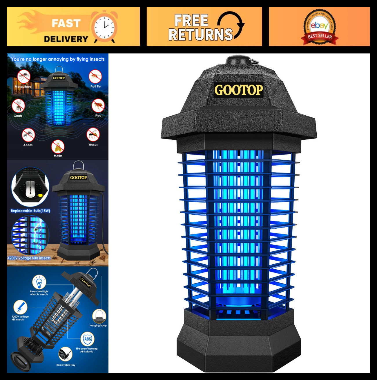 Electric Bug Zapper 4200V – Outdoor Mosquito & Fly Killer, Indoor Insect Trap, A