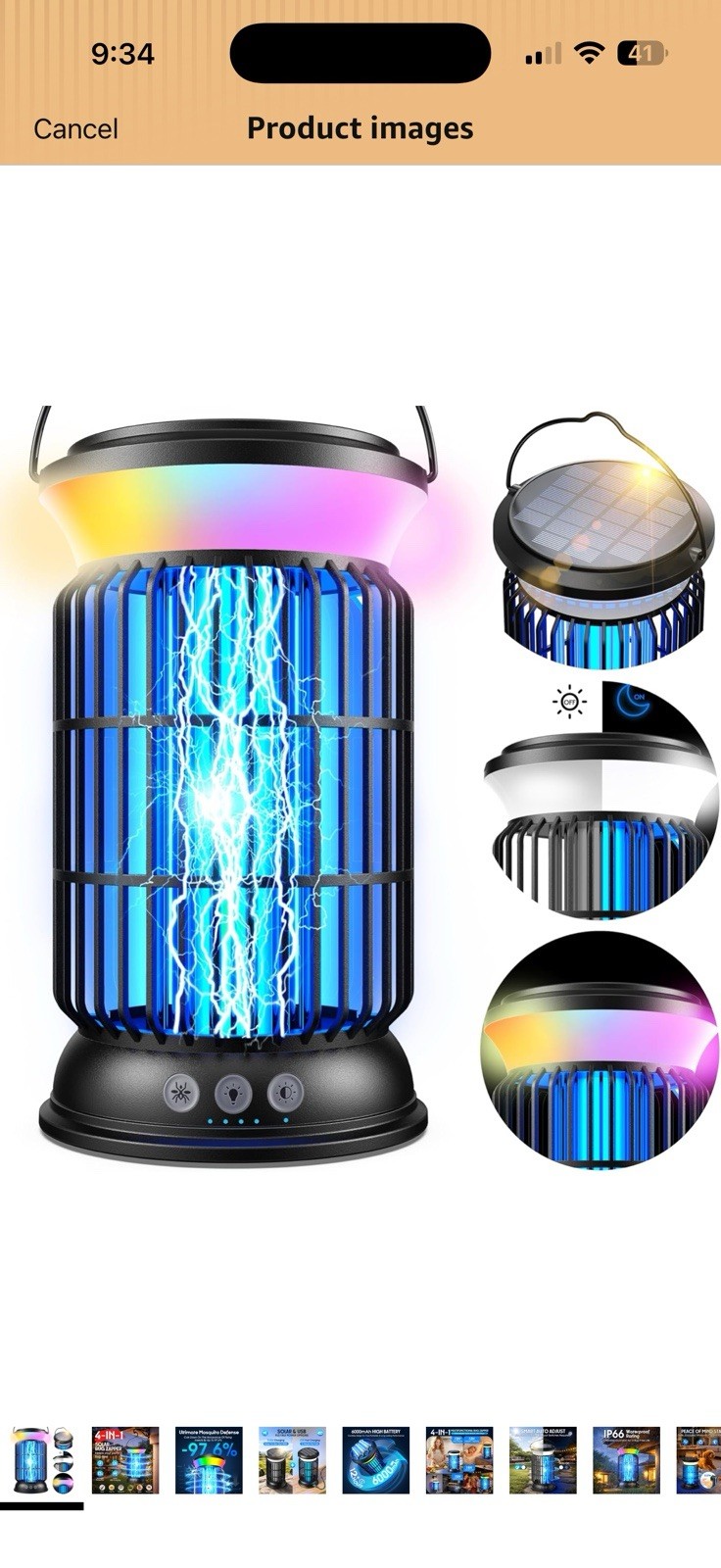 Solar + USB Bug Zapper Lantern, Waterproof, Indoor/Outdoor, Black