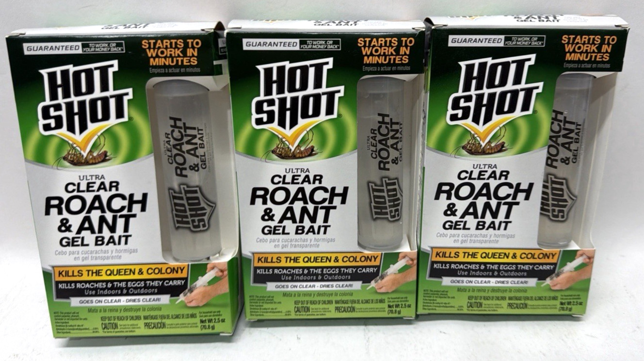 Roach Ant Killer Hot Shot Ultra Clear Gel Bait Poison Pest Queen Eggs – 3 Total