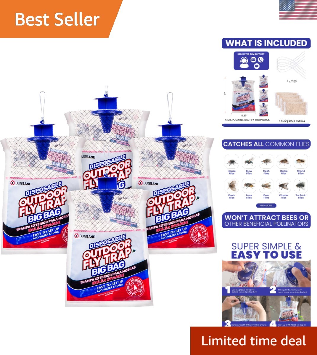 4 Large Pre-Baited Fly Bags – Safe and Easy Hanging Traps for Outdoors