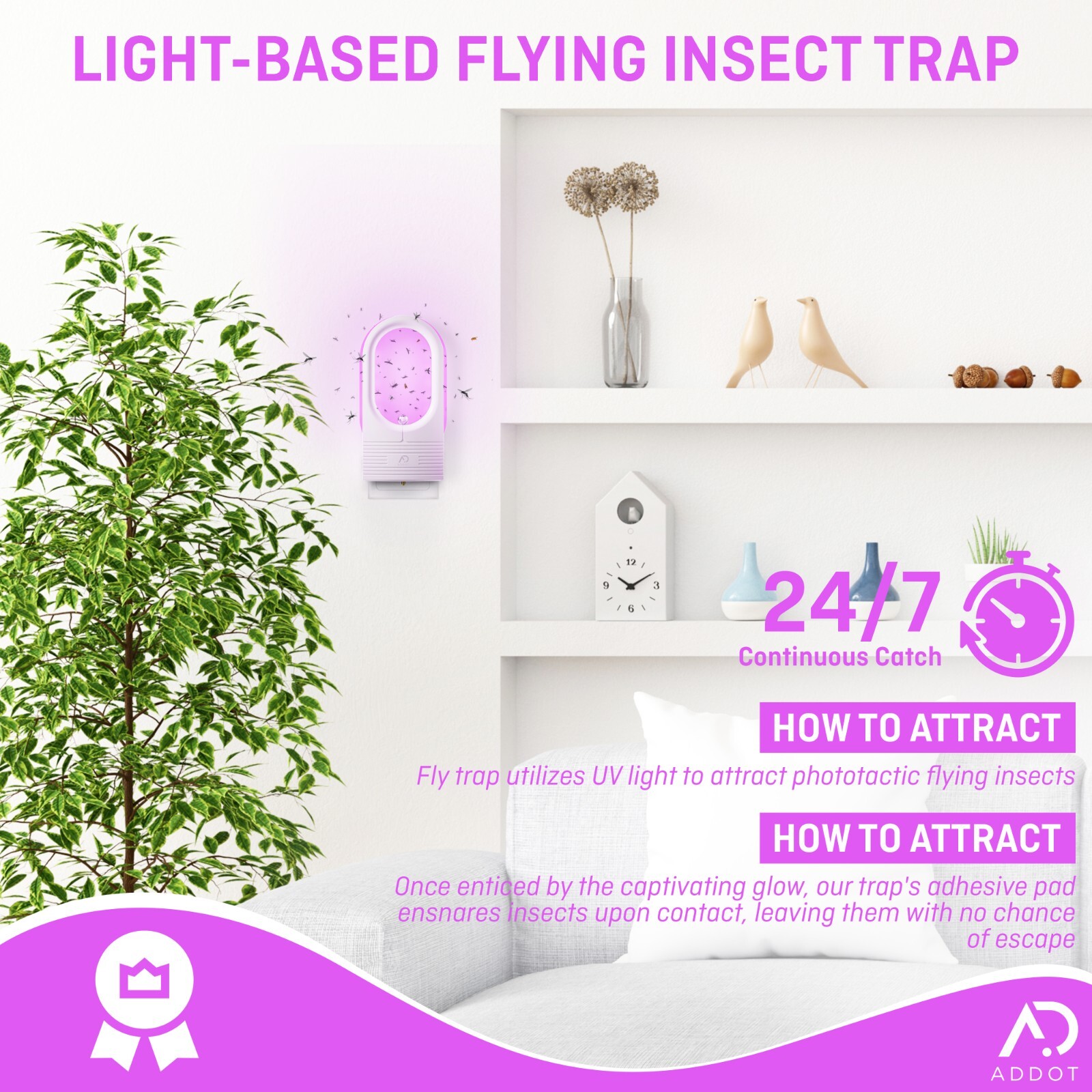 ADDOT Indoor Plug-In Fly Trap for Flies Fruit Flies Moths Gnats