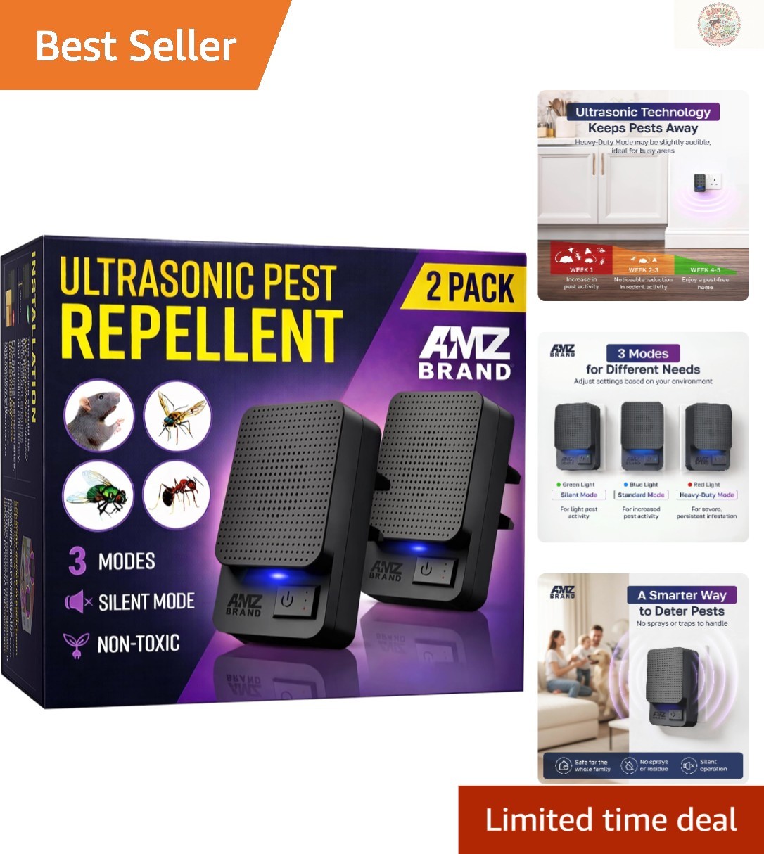 2-Pack Ultrasonic Pest Repeller: Silent Rodent & Insect Deterrent, 3 Modes